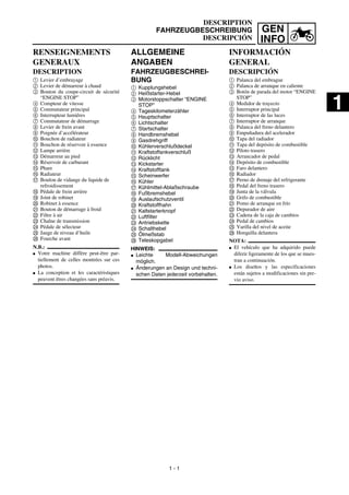 GEN
INFO
DESCRIPTION
FAHRZEUGBESCHREIBUNG
DESCRIPCIÓN
ALLGEMEINE
ANGABEN
FAHRZEUGBESCHREI-
BUNG
1 Kupplungshebel
2 Heißstarter-Hebel
3 Motorstoppschalter “ENGINE
STOP”
4 Tageskilometerzähler
5 Hauptschalter
6 Lichtschalter
7 Startschalter
8 Handbremshebel
9 Gasdrehgriff
0 Kühlerverschlußdeckel
A Kraftstoffankverschluß
B Rücklicht
C Kickstarter
D Kraftstofftank
E Scheinwerfer
F Kühler
G Kühlmittel-Ablaßschraube
H Fußbremshebel
I Auslaufschutzventil
J Kraftstoffhahn
K Kaltstarterknopf
L Luftfilter
M Antriebskette
N Schalthebel
O Ölmeßstab
P Teleskopgabel
HINWEIS:
G Leichte Modell-Abweichungen
möglich.
G Änderungen an Design und techni-
schen Daten jederzeit vorbehalten.
RENSEIGNEMENTS
GENERAUX
DESCRIPTION
1 Levier d’embrayage
2 Levier de démarreur à chaud
3 Bouton du coupe-circuit de sécurité
“ENGINE STOP”
4 Compteur de vitesse
5 Commutateur principal
6 Interrupteur lumiêres
7 Commutateur de démarrage
8 Levier de frein avant
9 Poignée d’accélérateur
0 Bouchon de radiateur
A Bouchon de réservoir à essence
B Lampe arrière
C Démarreur au pied
D Réservoir de carburant
E Phare
F Radiateur
G Boulon de vidange du liquide de
refroidissement
H Pédale de frein arrière
I Joint de robinet
J Robinet à essence
K Bouton de démarrage à froid
L Filtre à air
M Chaîne de transmission
N Pédale de sélecteur
O Jauge de niveau d’huile
P Fourche avant
N.B.:
G Votre machine diffère peut-être par-
tiellement de celles montrées sur ces
photos.
G La conception et les caractéristiques
peuvent êtres changées sans préavis.
1 - 1
INFORMACIÓN
GENERAL
DESCRIPCIÓN
1 Palanca del embrague
2 Palanca de arranque en caliente
3 Botón de parada del motor “ENGINE
STOP”
4 Medidor de trayecto
5 Interruptor principal
6 Interruptor de las luces
7 Interruptor de arranque
8 Palanca del freno delantero
9 Empuñadura del acelerador
0 Tapa del radiador
A Tapa del depósito de combustible
B Piloto trasero
C Arrancador de pedal
D Depósito de combustible
E Faro delantero
F Radiador
G Perno de drenaje del refrigerante
H Pedal del freno trasero
I Junta de la válvula
J Grifo de combustible
K Pomo de arranque en frío
L Depurador de aire
M Cadena de la caja de cambios
N Pedal de cambios
O Varilla del nivel de aceite
P Horquilla delantera
NOTA:
G El vehículo que ha adquirido puede
diferir ligeramente de los que se mues-
tran a continuación.
G Los diseños y las especificaciones
están sujetos a modificaciones sin pre-
vio aviso.
1
 