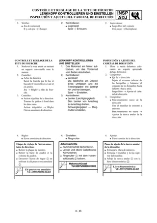 INSP
ADJ
CONTROLE ET REGLAGE DE LA TETE DE FOURCHE
LENKKOPF KONTROLLIEREN UND EINSTELLEN
INSPECCIÓN Y AJUSTE DEL CABEZAL DE DIRECCIÓN
2. Kontrollieren:
G Lagerspiel
Spiel → Erneuern.
LENKKOPF KONTROLLIEREN
UND EINSTELLEN
1. Das Motorrad am Motor auf-
bocken, um das Vorderrad
vom Boden abzuheben.
2. Kontrollieren:
G Lenkkopf
Die Gleitrohre am unteren
Ende umfassen und die
Teleskopgabel wie gezeigt
hin und her bewegen.
Spiel → Einstellen.
3. Kontrollieren:
G Lenker (Leichtgängigkeit)
Den Lenker von Anschlag
zu Anschlag drehen.
Schwergängigkeit → Ring-
mutter einstellen.
4. Einstellen:
G Ringmutter
Arbeitsschritte
G Nummernschild demontieren.
G Lenker und obere Gabelbrücke
Kennzeichen.
G Ringmutter 1 mit dem Haken-
schlüssels 2 lockern.
Hakenschlüssel
YU-33975/90890-01403
2. Vérifier:
G Jeu de roulement
Il y a du jeu → Changer.
CONTROLE ET REGLAGE DE LA
TETE DE FOURCHE
1. Soulever la roue avant en mettant
un support convenable sous le
moteur.
2. Contrôler:
G Arbre de direction
Saisir la fourche par le bas et
basculer l’ensemble en avant et
en arrière.
Jeu → Régler la tête de four-
che.
3. Contrôler:
G Action régulière de la direction
Tourner le guidon à fond dans
les deux sens.
Action irrégulière → Régler
l’écrou annulaire de direction.
4. Régler:
G Ecrou annulaire de direction
Etapes de réglage de l’écrou annu-
laire de direction:
G Retirer la plaque de numéro.
G Retirer la barre de guidon et la
colonne de guidon.
G Desserrer l’écrou de bague 1 en
utilisant la clé pour écrou annulaire
2.
Clé pour écrou annulaire:
YU-33975/90890-01403
3 - 45
2. Inspeccionar:
G Juego libre del cojinete
Con juego → Reemplazar.
INSPECCIÓN Y AJUSTE DEL
CABEZAL DE DIRECCIÓN
1. Eleve la rueda delantera colo-
cando un soporte apropiado
debajo del motor.
2. Comprobar:
G Eje de la dirección
Sujete el extremo inferior de
las horquillas y balancee el
conjunto de las horquillas hacia
delante y hacia atrás.
Juego libre → Ajustar el cabe-
zal de dirección.
3. Comprobar:
G Funcionamiento suave de la
dirección
Gire el manillar de extremo a
extremo.
Funcionamiento no suave →
Ajustar la tuerca anular de la
dirección.
4. Ajustar:
G Tuerca anular de la dirección
Pasos de ajuste de la tuerca anular
de la dirección:
G Extraiga la placa de números.
G Extraiga el manillar y la tija supe-
rior del manillar.
G Afloje la tuerca anular 1 con la
llave dinamométrica 2.
Llave dinamométrica:
YU-33975/90890-01403
 