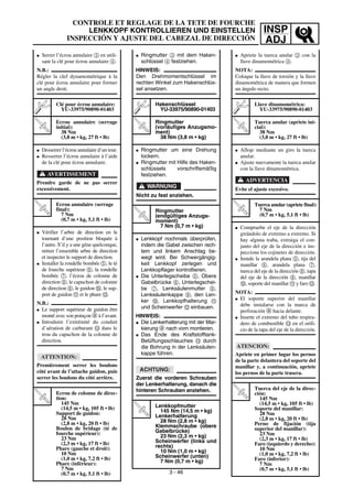 INSP
ADJ
CONTROLE ET REGLAGE DE LA TETE DE FOURCHE
LENKKOPF KONTROLLIEREN UND EINSTELLEN
INSPECCIÓN Y AJUSTE DEL CABEZAL DE DIRECCIÓN
G Ringmutter 3 mit dem Haken-
schlüssel 4 festziehen.
HINWEIS:
Den Drehmomentschlüssel im
rechten Winkel zum Hakenschlüs-
sel ansetzen.
Hakenschlüssel
YU-33975/90890-01403
T
R
.
.
Ringmutter
(vorläufiges Anzugsmo-
ment)
38 Nm (3,8 m • kg)
G Ringmutter um eine Drehung
lockern.
G Ringmutter mit Hilfe des Haken-
schlüssels vorschriftsmäßig
festziehen.
WARNUNG
Nicht zu fest anziehen.
T
R
.
.
Ringmutter
(endgültiges Anzugs-
moment)
7 Nm (0,7 m • kg)
G Lenkkopf nochmals überprüfen,
indem die Gabel zwischen rech-
tem und linkem Anschlag be-
wegt wird. Bei Schwergängig-
keit Lenkkopf zerlegen und
Lenkkopflager kontrollieren.
G Die Unterlegscheibe 5, Obere
Gabelbrücke 6, Unterlegschei-
be 7, Lenksäulenmutter 8,
Lenksäulenkappe 9, den Len-
ker 0, Lenkkopfhalterung A
und Scheinwerfer B einbauen.
HINWEIS:
G Die Lenkerhalterung mit der Mar-
kierung a nach vorn montieren.
G Das Ende des Kraftstofftank-
Belüftungsschlauches C durch
die Bohrung in der Lenksäulen-
kappe führen.
ACHTUNG:
Zuerst die vorderen Schrauben
der Lenkerhalterung, danach die
hinteren Schrauben anziehen.
T
R
.
.
Lenkkopfmutter
145 Nm (14,5 m • kg)
Lenkerhalterung
28 Nm (2,8 m • kg)
Klemmschraube (obere
Gabelbrücke)
23 Nm (2,3 m • kg)
Scheinwerfer (links und
rechts)
10 Nm (1,0 m • kg)
Scheinwerfer (unten)
7 Nm (0,7 m • kg)
G Serrer l’écrou annulaire 3 en utili-
sant la clé pour écrou annulaire 4.
N.B.:
Régler la clef dynamométrique à la
clé pour écrou annulaire pour former
un angle droit.
Clé pour écrou annulaire:
YU-33975/90890-01403
T
R
.
.
Ecrou annulaire (serrage
initial):
38 Nm
(3,8 m • kg, 27 ft • lb)
G Desserrer l’écrou annulaire d’un tour.
G Resserrer l’écrou annulaire à l’aide
de la clé pour écrou annulaire.
AVERTISSEMENT
Prendre garde de ne pas serrer
excessivement.
T
R
.
.
Ecrou annulaire (serrage
final):
7 Nm
(0,7 m • kg, 5,1 ft • lb)
G Vérifier l’arbre de direction en le
tournant d’une position bloquée à
l’autre. S’il y a une gêne quelconque,
retirer l’ensemble arbre de direction
et inspecter le support de direction.
G Installer la rondelle bombée 5, le té
de fourche supérieur 6, la rondelle
bombée 7, l’écrou de colonne de
direction 8, le capuchon de colonne
de direction 9, le guidon 0, le sup-
port de guidon A et le phare B.
N.B.:
G Le support supérieur de guidon être
monté avec son poinçon a à l’avant.
G Introduire l’extrémité du conduit
d’aération de carburant C dans le
trou du capuchon de la colonne de
direction.
ATTENTION:
Premièrement serrer les boulons
côté avant de l’attache guidon, puis
serrer les boulons du côté arrière.
T
R
.
.
Ecrou de colonne de direc-
tion:
145 Nm
(14,5 m • kg, 105 ft • lb)
Support de guidon:
28 Nm
(2,8 m • kg, 20 ft • lb)
Boulon de bridage (té de
fourche supérieur):
23 Nm
(2,3 m • kg, 17 ft • lb)
Phare (gauche et droit):
10 Nm
(1,0 m • kg, 7,2 ft • lb)
Phare (inférieur):
7 Nm
(0,7 m • kg, 5,1 ft • lb) 3 - 46
G Apriete la tuerca anular 3 con la
llave dinamométrica 4.
NOTA:
Coloque la llave de torsión y la llave
dinamométrica de manera que formen
un ángulo recto.
Llave dinamométrica:
YU-33975/90890-01403
T
R
.
.
Tuerca anular (apriete ini-
cial):
38 Nm
(3,8 m • kg, 27 ft • lb)
G Afloje mediante un giro la tuerca
anular.
G Ajuste nuevamente la tuerca anular
con la llave dinamométrica.
ADVERTENCIA
Evite el ajuste excesivo.
T
R
.
.
Tuerca anular (apriete final):
7 Nm
(0,7 m • kg, 5,1 ft • lb)
G Compruebe el eje de la dirección
girándolo de extremo a extremo. Si
hay alguna traba, extraiga el con-
junto del eje de la dirección e ins-
peccione los cojinetes de dirección.
G Instale la arandela plana 5, tija del
manillar 6, arandela plana 7,
tuerca del eje de la dirección 8, tapa
del eje de la dirección 9, manillar
0, soporte del manillar A y faro B.
NOTA:
G El soporte superior del manillar
debe instalarse con la marca de
perforación a hacia delante.
G Inserte el extremo del tubo respira-
dero de combustible C en el orifi-
cio de la tapa del eje de la dirección.
ATENCION:
Apriete en primer lugar los pernos
de la parte delantera del soporte del
manillar y, a continuación, apriete
los pernos de la parte trasera.
T
R
.
.
Tuerca del eje de la direc-
ción:
145 Nm
(14,5 m • kg, 105 ft • lb)
Soporte del manillar:
28 Nm
(2,8 m • kg, 20 ft • lb)
Perno de fijación (tija
superior del manillar):
23 Nm
(2,3 m • kg, 17 ft • lb)
Faro (izquierdo y derecho):
10 Nm
(1,0 m • kg, 7,2 ft • lb)
Faro (inferior):
7 Nm
(0,7 m • kg, 5,1 ft • lb)
 