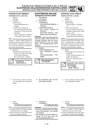 INSP
ADJ
PARTIE ELECTRIQUE
CONTROLE DE LA BOUGIE
1. Déposer:
G Bougie
2. Contrôler:
G Electrode 1
Usure/endommagement →
Changer.
G Couleur de l’isolateur 2
Une teinte légèrement brunâtre
correspond à l’état normal des
électrodes.
Teinte franchement différente
→ Contrôler l’état du moteur.
N.B.:
Lorsque le moteur tourne pendant de
nombreuses heures à régimes lents, l’iso-
lant de bougie d’allumage se couvre de
suie, même si le moteur et le carburateur
sont en bon état de marche.
3. Mesurer:
G Ecartement des électrodes a
Utiliser un calibre pour câble
ou un calibre d’épaisseur.
Hors spécification → Régler.
Ecartement des électrodes:
0,7 à 0,8 mm
(0,028 à 0,031 in)
4. Si nécessaire, nettoyer la bougie
avec un appareil de nettoyage de
bougie.
5. Serrer:
G Bougie
N.B.:
G Avant de monter une bougie, nettoyer
son plan de joint et son filetage.
G Serrer la bougie à la main a avant de
la serrer au couple correct b.
T
R
.
.
13 Nm (1,3 m · kg, 9,4 ft · lb)
PARTIE ELECTRIQUE/CONTROLE DE LA BOUGIE
ELEKTRISCHE ANLAGE/ZÜNDKERZE KONTROLLIEREN
SISTEMA ELÉCTRICO/INSPECCIÓN DE LA BUJÍA
ELEKTRISCHE ANLAGE
ZÜNDKERZE KONTROLLIEREN
1. Demontieren:
G Zündkerze
2. Kontrollieren:
G Elektrode 1
Verschleiß/Beschädigung →
Erneuern.
G Isolatorfuß-Farbe 2
Die normale Färbung ist
Rehbraun.
Abnormale Färbung → Den
Motorzustand kontrollieren.
HINWEIS:
Läuft der Motor viele Stunden mit
niedriger Drehzahl, weist der Zünd-
kerzen-Isolatorfuß auch bei gutem
Motor- und Vergaserzustand Verö-
lung auf.
3. Messen:
G Elektrodenabstand a
Eine Fühlerlehre verwen-
den.
Unvorschriftsmäßig → Ein-
stellen.
Elektrodenabstand
0,7–0,8 mm
4. Die Zündkerze ggf. mit Ker-
zenreiniger säubern.
5. Festziehen:
G Zündkerze
HINWEIS:
G Vor dem Einschrauben der Zünd-
kerze Kerzenkörper und Dichtflä-
che säubern.
G Die Zündkerze zuerst handfest an-
ziehen a und dann erst vor-
schriftsmäßig festziehen b.
T
R
.
.
13 Nm (1,3 m · kg)
3 - 48
SISTEMA ELÉCTRICO
INSPECCIÓN DE LA BUJÍA
1. Extraer:
G Bujía
2. Inspeccionar:
G Electrodo 1
Desgaste/daños → Reempla-
zar.
G Color del aislador 2
El color normal es tostado, con
tonalidad variable entre medio
oscuro y claro.
Color claramente diferente →
Comprobar el estado del motor.
NOTA:
Cuando el motor funcione durante varias
horas a velocidad baja, el aislador de la
bujía quedará cubierto de hollín, incluso
si el motor y el carburador están en con-
diciones de funcionamiento óptimas.
3. Medir:
G Separación entre electrodos de
la bujía a
Utilice un juego de galgas o un
calibre de espesores.
Fuera de especificaciones →
Ajustar.
Separación entre electro-
dos de la bujía:
0,7 ~ 0,8 mm
(0,028 ~ 0,031 in)
4. En caso necesario, limpie la bujía
con un limpiador de bujías.
5. Apretar:
G Bujía
NOTA:
G Antes de instalar la bujía, limpie la
superficie de la junta y de la bujía.
G Apriete manualmente a la bujía antes
de obtener la torsión especificada b.
T
R
.
.
13 Nm (1,3 m · kg, 9,4 ft · lb)
 