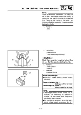 3 - 51
INSP
ADJBATTERY INSPECTION AND CHARGING
NOTE:
Since MF batteries are sealed, it is not possi-
ble to check the charge state of the battery by
measuring the specific gravity of the electro-
lyte. Therefore, the charge of the battery has
to be checked by measuring the voltage at the
battery terminals.
1. Remove:
G Seat
2. Disconnect:
G Battery leads
(from the battery terminals)
CAUTION:
First, disconnect the negative battery lead
1, and then the positive battery lead 2.
3. Remove:
G Battery band
G Battery
4. Measure:
G Battery charge
Measurement steps:
G Connect a pocket tester 1 to the battery
terminals.
Tester positive probe →
battery positive terminal
Tester negative probe →
battery negative terminal
NOTE:
G The charge state of an MF battery can be
checked by measuring its open-circuit
voltage (i.e., the voltage when the positive
terminal is disconnected).
G No charging is necessary when the open-
circuit voltage equals or exceeds 12.8 V.
 