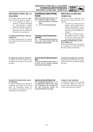 GEN
INFO
IDENTIFICATION DE LA MACHINE
FAHRZEUG-IDENTIFIZIERUNG
IDENTIFICACIÓN DEL VEHÍCULO
FAHRZEUG-IDENTIFIZIE-
RUNG
Diese Identifizierungsnummern wer-
den in folgenden Fällen benötigt:
1. bei der Bestellung von Ersatz-
teilen
2. bei einer Diebstahlmeldung
FAHRZEUG-IDENTIFIZIERUNGS-
NUMMER
Die Fahrzeug-Identifizierungsnum-
mer 1 ist auf der rechten Seite des
Lenkkopfes eingeschlagen.
MOTOR-IDENTIFIZIERUNGSNUM-
MER
Die Motor-Identifizierungsnummer 1
ist oben auf der rechten Kurbelge-
häuseseite eingeschlagen.
MODELLCODE-INFORMATION
Das Modellcode-Klebeschild 1 ist
an abgebildeter Stelle auf dem Rah-
men angebracht. Die Codenummer
und das Info-Kürzel werden zur
Ersatzteil-Bestellung benötigt.
IDENTIFICATION DE LA
MACHINE
Il existe deux bonnes raisons de connaî-
tre les numéros de série de sa machine:
1. A la commande de pièces de
rechange, ces numéros permettent
au concessionnaire Yamaha
d’identifier clairement la machine.
2. En cas de vol du véhicule, la
police réclamera ces numéros afin
de faciliter son identification.
NUMERO D’IDENTIFICATION DU
VEHICULE
Le numéro d’identification du véhicule
1 est frappé du côté droit du tube de tête
de fourche.
NUMERO DE SERIE DU MOTEUR
Le numéro de série du moteur 1 est
estampé sur un bossage sur le côté droit
du moteur.
ETIQUETTE D’IDENTIFICATION
DU MODELE
L’étiquette d’identification du modèle 1
est apposée sur le cadre, sous la selle du
pilote. Les informations reprises sur
cette étiquette sont requises lors de la
commande de nouvelles pièces.
1 - 2
IDENTIFICACIÓN DEL
VEHÍCULO
Existen dos razones importantes para
que conozca el número de serie de su
vehículo:
1. A la hora de solicitar piezas de
repuesto, puede proporcionar el
número correspondiente a su con-
cesionario Yamaha para la identi-
ficación positiva del modelo de su
vehículo.
2. Si le roban el vehículo, las autori-
dades deberán conocer el número
de serie del vehículo que deben
buscar para poder identificarlo.
NÚMERO DE IDENTIFICACIÓN
DEL VEHÍCULO
El número de identificación del vehículo
1 va grabado en el lado derecho del
tubo de la columna de dirección.
NÚMERO DE SERIE DEL MOTOR
El número de serie del motor 1 va gra-
bado en la parte elevada del lado derecho
del motor.
ETIQUETA DEL MODELO
La etiqueta del modelo 1 está colocada
en el bastidor, debajo del asiento del
conductor. Esta información será necesa-
ria para solicitar piezas de repuesto.
 