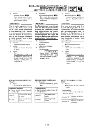 INSP
ADJ
5. Installer:
G Ampoule de phare
Poser soigneusement la nou-
velle ampoule de phare dans le
porte ampoule de phare.
ATTENTION:
Eviter de toucher la partie en verre de
l’ampoule afin d’éviter tout contact
avec de l’huile, sinon la transparence
du verre, la durée de vie de l’ampoule
et le rayonnement lumineux, pour-
raient être diminués. Si l’ampoule de
phare est sale, la nettoyer à fond avec
un chiffon humecté d’alcool ou d’un
dissolvant cellulosique.
6. Attacher:
G Fixation d’ampoule de phare
7. Installer:
G Cache de fixation d’ampoule
de phare.
8. Installer:
G Phare
Se reporter à la section “SELLE,
RESERVOIR D’ESSENCE ET
CACHES LATERAUX” au
CHAPITRE 4.
NewT
R
.
.
7 Nm (0,7 m · kg, 5,1 ft · lb)
REGLAGES DES FAISCEAUX DES
PHARES
1. Régler:
G Le faisceau du phare (vertical)
Procédures de réglage:
G Tourner la vis de réglage 1 dans le
sens a ou b.
Sens a
Le faisceau du phare
se relève.
Sens b
Le faisceau du phare
s’abaisse.
5. Montieren:
G Schweinwerferlampe
Die neue Schweinwerfer-
lampe mit dem Lampenhal-
ter sichern.
ACHTUNG:
Den Glaskolben der neuen Lampe
nicht mit den Fingern berühren.
Schweiß- und Fettspuren auf dem
Glas beeinträchtigen die Leucht-
kraft und Lebensdauer der Lampe.
Verunreinigungen der Lampe mit
einem mit Alkohol oder Verdünner
angefeuchteten Tuch entfernen.
6. Montieren:
G Lampenhalter
7. Montieren:
G Lampenshutzkappe
8. Montieren:
G Scheinwerfer
Siehe unter “SITZBANK,
KRAFTSTOFFTANK UND
SEITENABDEKKUNGEN”
im KAPITEL 4.
New
T
R
.
.
7 Nm (0,7 m · kg)
SCHEINWERFER EINSTELLEN
1. Einstellen:
G Scheinwerferstellung (verti-
kal)
Arbeitsschritte:
G Die Einstellschraube 1 nach a
oder b drehen.
Nach a
Lichtkegel nach
oben.
Nach b
Lichtkegel nach
unten.
REGLAGES DES FAISCEAUX DES PHARES
SCHEINWERFER EINSTELLEN
AJUSTE DEL HAZ DE LUZ DEL FARO
3 - 58
5. Instalar:
G Bombilla del faro
Asegure la nueva bombilla del
faro con el portabombillas del
faro.
ATENCION:
Evite tocar la parte de vidrio de la
bombilla. Manténgala libre de man-
chas de aceite; de lo contrario dismi-
nuirá la transparencia del cristal y la
duración y el flujo luminoso de la
bombilla del faro. Si ésta se mancha de
aceite, límpiela perfectamente con un
trapo humedecido en alcohol o disol-
vente de pintura.
6. Colocar:
G Portabombillas del faro
7. Instalar:
G Tapa del portabombillas del
faro
8. Instalar:
G Faro
Consulte el apartado
“ASIENTO, DEPÓSITO DE
COMBUSTIBLE Y CUBIER-
TAS LATERALES” del CAPÍ-
TULO 4.
New
T
R
.
.
7 Nm (0,7 m · kg, 5,1 ft · lb)
AJUSTE DEL HAZ DE LUZ DEL
FARO
1. Ajustar:
G Haz de luz del faro (vertical-
mente)
Pasos de ajuste:
G Gire el tornillo de ajuste 1 en la
dirección a o b.
Dirección a
El haz de luz del faro
aumenta.
Dirección b
El haz de luz del faro
disminuye.
 