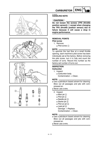 4 - 11
ENGCARBURETOR
EC466020
HANDLING NOTE
CAUTION:
Do not loosen the screws {TPS (throttle
position sensor)} 1 except when changing
the TPS (throttle position sensor) due to
failure because it will cause a drop in
engine performance.
1
REMOVAL POINTS
Pilot screw
1. Remove:
G Pilot screw 1
NOTE:
To optimize the fuel flow at a small throttle
opening, each machine’s pilot screw has been
individually set at the factory. Before removing
the pilot screw, turn it in fully and count the
number of turns. Record this number as the
factory-set number of turns out.
INSPECTION
Carburetor
1. Inspect:
G Carburetor body
Contamination → Clean.
NOTE:
G Use a petroleum based solvent for cleaning.
Blow out all passages and jets with com-
pressed air.
G Never use a wire.
2. Inspect:
G Main jet 1
G Pilot jet 2
G Needle jet 3
G Starter jet 4
G Pilot air jet 5
G Leak jet 6
Damage → Replace.
Contamination → Clean.
NOTE:
G Use a petroleum based solvent for cleaning.
Blow out all passages and jets with com-
pressed air.
G Never use a wire.
 