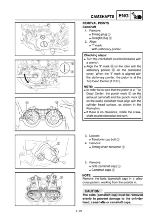 4 - 23
ENGCAMSHAFTS
REMOVAL POINTS
Camshaft
1. Remove:
G Timing plug 1
G Straight plug 2
2. Align:
G “I” mark
With stationary pointer.
Checking steps:
G Turn the crankshaft counterclockwise with
a wrench.
G Align the “I” mark a on the rotor with the
stationary pointer b on the crankcase
cover. When the “I” mark is aligned with
the stationary pointer, the piston is at the
Top Dead Center (T.D.C.).
NOTE:
G In order to be sure that the piston is at Top
Dead Center, the punch mark c on the
exhaust camshaft and the punch mark d
on the intake camshaft must align with the
cylinder head surface, as shown in the
illustration.
G If there is no clearance, rotate the crank-
shaft counterclockwise one turn.
1
2
b
a
3. Loosen:
G Tensioner cap bolt 1
4. Remove:
G Timing chain tensioner 2
5. Remove:
G Bolt (camshaft cap) 1
G Camshaft caps 2
NOTE:
Remove the bolts (camshaft cap) in a criss-
cross pattern, working from the outside in.
CAUTION:
The bolts (camshaft cap) must be removed
evenly to prevent damage to the cylinder
head, camshafts or camshaft caps.
1
2
1
2
 