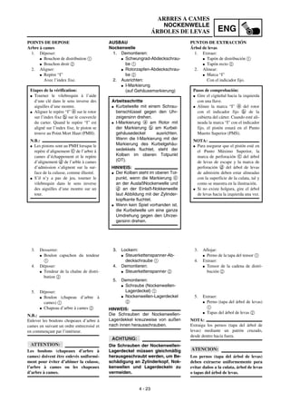 ENG
4 - 23
ARBRES A CAMES
NOCKENWELLE
ÁRBOLES DE LEVAS
AUSBAU
Nockenwelle
1. Demontieren:
G Schwungrad-Abdeckschrau-
be 1
G Rotorzapfen-Abdeckschrau-
be 2
2. Ausrichten:
G I-Markierung
(auf Gehäusemarkierung)
Arbeitsschritte
G Kurbelwelle mit einem Schrau-
benschlüssel gegen den Uhr-
zeigersinn drehen.
G I-Markierung a am Rotor mit
der Markierung b am Kurbel-
gehäusedeckel ausrichten.
Wenn die I-Markierung mit der
Markierung des Kurbelgehäu-
sedekkels fluchtet, steht der
Kolben im oberen Totpunkt
(OT).
HINWEIS:
G Der Kolben steht im oberen Tot-
punkt, wenn die Markierung c
an der AuslaßNockenwelle und
d an der Einlaß-Nokkenwelle
laut Abbildung mit der Zylinder-
kopfkante fluchtet.
G Wenn kein Spiel vorhanden ist,
die Kurbelwelle um eine ganze
Umdrehung gegen den Uhrzei-
gersinn drehen.
3. Lockern:
G Steuerkettenspanner-Ab-
deckschraube 1
4. Demontieren:
G Steuerkettenspanner 2
5. Demontieren:
G Schraube (Nockenwellen-
Lagerdeckel) 1
G Nockenwellen-Lagerdeckel
2
HINWEIS:
Die Schrauben der Nockenwellen-
Lagerdekkel kreuzweise von außen
nach innen herausschrauben.
ACHTUNG:
Die Schrauben der Nockenwellen-
Lagerdeckel müssen gleichmäßig
herausgeschraubt werden, um Be-
schädigung an Zylinderkopf, Nok-
kenwellen und Lagerdeckeln zu
vermeiden.
POINTS DE DEPOSE
Arbre à cames
1. Déposer:
G Bouchon de distribution 1
G Bouchon droit 2
2. Aligner:
G Repère “I”
Avec l’index fixe.
Etapes de la vérification:
G Tourner le vilebrequin à l’aide
d’une clé dans le sens inverse des
aiguilles d’une montre.
G Aligner le repère “I” a sur le rotor
sur l’index fixe b sur le couvercle
du carter. Quand le repère “I” est
aligné sur l’index fixe, le piston se
trouve au Point Mort Haut (PMH).
N.B.:
G Les pistons sont au PMH lorsque le
repère d’alignement c de l’arbre à
cames d’échappement et le repère
d’alignement d de l’arble à cames
d’admission s’alignent sur la sur-
face de la culasse, comme illustré.
G S’il n’y a pas de jeu, tourner le
vilebrequin dans le sens inverse
des aiguilles d’une montre sur un
tour.
3. Desserrer:
G Boulon capuchon du tendeur
1
4. Déposer:
G Tendeur de la chaîne de distri-
bution 2
5. Déposer:
G Boulon (chapeau d’arbre à
cames) 1
G Chapeau d’arbre à cames 2
N.B.:
Enlever les boulons chopeaux d’arbre à
cames en suivant un ordre entrecroisé et
en commençant par l’intérieur.
ATTENTION:
Les boulons (chapeaux d’arbre à
cames) doivent être enlevés uniformé-
ment pour éviter d’abîmer la culasse,
l’arbre à cames ou les chapeaux
d’arbre à cames.
PUNTOS DE EXTRACCIÓN
Árbol de levas
1. Extraer:
G Tapón de distribución 1
G Tapón recto 2
2. Alinear:
G Marca “I”
Con el indicador fijo.
Pasos de comprobación:
G Gire el cigüeñal hacia la izquierda
con una llave.
G Alinee la marca “I” a del rotor
con el indicador fijo b de la
cubierta del cárter. Cuando esté ali-
neada la marca “I” con el indicador
fijo, el pistón estará en el Punto
Muerto Superior (PMS).
NOTA:
G Para asegurar que el pistón esté en
el Punto Máximo Superior, la
marca de perforación c del árbol
de levas de escape y la marca de
perforación d del árbol de levas
de admisión deben estar alineadas
con la superficie de la culata, tal y
como se muestra en la ilustración.
G Si no existe holgura, gire el árbol
de levas hacia la izquierda una vez.
3. Aflojar:
G Perno de la tapa del tensor 1
4. Extraer:
G Tensor de la cadena de distri-
bución 2
5. Extraer:
G Perno (tapa del árbol de levas)
1
G Tapas del árbol de levas 2
NOTA:
Extraiga los pernos (tapa del árbol de
levas) mediante un patrón cruzado,
desde dentro hacia fuera.
ATENCION:
Los pernos (tapa del árbol de levas)
deben extraerse uniformemente para
evitar daños a la culata, árbol de levas
o tapas del árbol de levas.
 