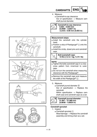 4 - 25
ENGCAMSHAFTS
4. Measure:
G Camshaft-to-cap clearance
Out of specification → Measure cam-
shaft journal diameter.
Camshaft-to-cap clearance:
0.020 ~ 0.054 mm
(0.0008 ~ 0.0021 in)
<Limit>: 0.08 mm (0.003 in)
Measurement steps:
G Install the camshaft onto the cylinder
head.
G Position a strip of Plastigauge® 1 onto the
camshaft.
G Install the circlip, dowel pins and camshaft
caps.
T
R
.
. Bolt (camshaft cap):
10 Nm (1.0 m • kg, 7.2 ft • lb)
NOTE:
G Tighten the bolts (camshaft cap) in a criss-
cross pattern from innermost to outer
caps.
G Do not turn the camshaft when measuring
clearance with the Plastigauge®.
G Remove the camshaft caps and measure
the width of the Plastigauge® 1.
5. Measure:
G Camshaft journal diameter a
Out of specification → Replace the
camshaft.
Within specification → Replace cam-
shaft case and camshaft caps as a set.
Camshaft sprocket
1. Inspect:
G Camshaft sprocket 1
Wear/damage → Replace the camshaft
assembly and timing chain as a set.
Camshaft journal diameter:
21.967 ~ 21.980 mm
(0.8648 ~ 0.8654 in)
 