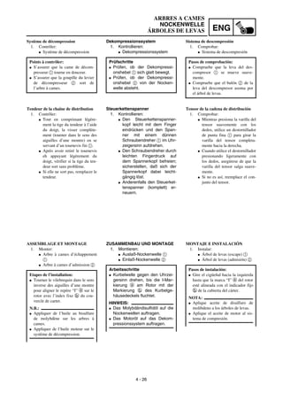 ENG
4 - 26
ARBRES A CAMES
NOCKENWELLE
ÁRBOLES DE LEVAS
Dekompressionssystem
1. Kontrollieren:
G Dekompressionssystem
Prüfschritte
G Prüfen, ob der Dekompressi-
onshebel 1 sich glatt bewegt.
G Prüfen, ob der Dekompressi-
onshebel 2 von der Nocken-
welle absteht.
Steuerkettenspanner
1. Kontrollieren:
G Den Steuerkettenspanner-
kopf leicht mit dem Finger
eindrücken und den Span-
ner mit einem dünnen
Schraubendreher 1 im Uhr-
zeigersinn aufdrehen.
G Den Schraubendreher durch
leichten Fingerdruck auf
dem Spannerkopf befreien;
sicherstellen, daß sich der
Spannerkopf dabei leicht-
gängig löst.
G Anderenfalls den Steuerket-
tenspanner (komplett) er-
neuern.
ZUSAMMENBAU UND MONTAGE
1. Montieren:
G Auslaß-Nockenwelle 1
G Einlaß-Nockenwelle 2
Arbeitsschritte
G Kurbelwelle gegen den Uhrzei-
gersinn drehen, bis die I-Mar-
kierung a am Rotor mit der
Markierung b des Kurbelge-
häusedeckels fluchtet.
HINWEIS:
G Das Molybdändisulfidöl auf die
Nockenwellen auftragen.
G Das Motoröl auf das Dekom-
pressionssystem auftragen.
Système de décompression
1. Contrôler:
G Système de décompression
Points à contrôler:
G S’assurer que la came de décom-
presseur 1 tourne en douceur.
G S’assurer que la goupille du levier
de décompresseur 2 sort de
l’arbre à cames.
Tendeur de la chaîne de distribution
1. Contrôler:
G Tout en comprimant légère-
ment la tige du tendeur à l’aide
du doigt, la visser complète-
ment (tourner dans le sens des
aiguilles d’une montre) en se
servant d’un tournevis fin 1.
G Après avoir retiré le tournevis
eh appuyant légèrement du
doigt, vérifier si la tige du ten-
deur sort sans problème.
G Si elle ne sort pas, remplacer le
tendeur.
ASSEMBLAGE ET MONTAGE
1. Monter:
G Arbre à cames d’échappement
1
G Arbre à cames d’admission 2
Etapes de l’installation:
G Tourner le vilebrequin dans le sens
inverse des aiguilles d’une montre
pour aligner le repère “I” a sur le
rotor avec l’index fixe b du cou-
vercle de carter.
N.B.:
G Appliquer de l’huile au bisulfure
de molybdène sur les arbres à
cames.
G Appliquer de l’huile moteur sur le
système de décompression.
Sistema de descompresión
1. Comprobar:
G Sistema de descompresión
Pasos de comprobación:
G Compruebe que la leva del des-
compresor 1 se mueve suave-
mente.
G Compruebe que el bulón 2 de la
leva del descompresor asoma por
el árbol de levas.
Tensor de la cadena de distribución
1. Comprobar:
G Mientras presiona la varilla del
tensor suavemente con los
dedos, utilice un destornillador
de punta fina 1 para girar la
varilla del tensor completa-
mente hacia la derecha.
G Cuando utilice el destornillador
presionando ligeramente con
los dedos, asegúrese de que la
varilla del tensor salga suave-
mente.
G Si no es así, reemplace el con-
junto del tensor.
MONTAJE E INSTALACIÓN
1. Instalar:
G Árbol de levas (escape) 1
G Árbol de levas (admisión) 2
Pasos de instalación:
G Gire el cigüeñal hacia la izquierda
hasta que la marca “I” a del rotor
esté alineada con el indicador fijo
b de la cubierta del cárter.
NOTA:
G Aplique aceite de disulfuro de
molibdeno a los árboles de levas.
G Aplique el aceite de motor al sis-
tema de compresión.
 