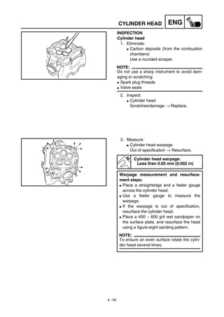 4 - 30
ENGCYLINDER HEAD
INSPECTION
Cylinder head
1. Eliminate:
G Carbon deposits (from the combustion
chambers)
Use a rounded scraper.
NOTE:
Do not use a sharp instrument to avoid dam-
aging or scratching:
G Spark plug threads
G Valve seats
2. Inspect:
G Cylinder head
Scratches/damage → Replace.
3. Measure:
G Cylinder head warpage
Out of specification → Resurface.
Cylinder head warpage:
Less than 0.05 mm (0.002 in)
Warpage measurement and resurface-
ment steps:
G Place a straightedge and a feeler gauge
across the cylinder head.
G Use a feeler gauge to measure the
warpage.
G If the warpage is out of specification,
resurface the cylinder head.
G Place a 400 ~ 600 grit wet sandpaper on
the surface plate, and resurface the head
using a figure-eight sanding pattern.
NOTE:
To ensure an even surface rotate the cylin-
der head several times.
 