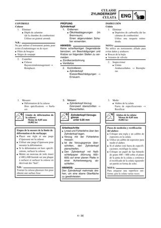 ENG
4 - 30
CULASSE
ZYLINDERKOPF
CULATA
PRÜFUNG
Zylinderkopf
1. Entfernen:
G Ölkohleablagerungen (im
Brennraum)
Einen abgerundeten Scha-
ber verwenden.
HINWEIS:
Keine scharfkantigen Gegenstände
benutzen, um Beschädigungen und
Kratzer an folgenden Stellen zu ver-
meiden:
G Zündkerzenbohrung
G Ventilsitze
2. Kontrollieren:
G Zylinderkopf
Kratzer/Beschädigungen →
Erneuern.
3. Messen:
G Zylinderkopf-Verzug
Grenzwert überschritten →
Planschleifen.
Zylinderkopf-Verzugs-
grenze
unter 0,05 mm
Arbeitsschritte
G Lineal und Fühlerlehre über den
Zylinderkopf legen.
G Verzug mit der Fühlerlehre
messen.
G Ist die Verzugsgrenze über-
schritten, den Zylinderkopf
planschleifen.
G Den Zylinderkopf mit Naß-
schleifpapier (Körnung 400–
600) auf einer planen Platte in
einer Achterbewegung ab-
schleifen.
HINWEIS:
Den Zylinderkopf mehrmals dre-
hen, um eine ebene Oberfläche
zu gewährleisten.
CONTROLE
Culasse
1. Eliminer:
G Dépôt de calamine
(de la chambre de combustion)
Utiliser un grattoir arrondi.
N.B.:
Ne pas utiliser d’instrument pointu pour
éviter d’endommager ou de rayer:
G Filets de bougies
G Sièges de soupape
2. Contrôler:
G Culasse
Rayures/endommagement →
Remplacer.
3. Mesurer:
G Déformation de la culasse
Hors spécifications → Surfa-
cer.
Limite de déformation de
la culasse:
Moins de 0,05 mm
(0,002 in)
Etapes de la mesure de la limite de
déformation et du surfaçage:
G Placer une règle et une jauge
d’épaisseur sur la culasse.
G Utiliser une jauge d’épaisseur pour
mesurer la déformation.
G Si la déformation est hors spécifi-
cations, surfacer la culasse.
G Mettre un morceau de toile émeri
n˚400 à 600 humide sur une plaque
à surfacer et surfacer la culasse en
décrivant des “huit”.
N.B.:
Tourner la culasse plusieurs fois pour
obtenir une surface lisse.
INSPECCIÓN
Culata
1. Eliminar:
G Depósitos de carbonilla (de las
cámaras de combustión)
Utilice una rasqueta redon-
deada.
NOTA:
No utilice un instrumento afilado para
evitar daños y arañazos:
G Roscas de la bujía
G Asientos de válvula
2. Inspeccionar:
G Culata
Arañazos/daños → Reempla-
zar.
3. Medir:
G Alabeo de la culata
Fuera de especificaciones →
Rectificar.
Alabeo de la culata:
Menos de 0,05 mm
(0,002 in)
Pasos de medición y rectificación
del alabeo:
G Coloque una regla y un calibre de
espesores en la culata.
G Utilice un calibre de espesores para
medir el alabeo.
G Si el alabeo está fuera de especifi-
caciones, rectifique la culata.
G Coloque un papel de lija húmedo
de grano 400 ~ 600 sobre el plano
de la junta de la culata y comience
el rectificado de la culata siguiendo
un patrón en forma de ocho.
NOTA:
Para asegurar una superficie uni-
forme, gire la culata varias veces.
 