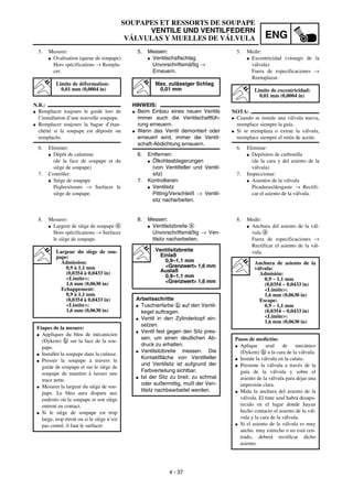 ENG
4 - 37
SOUPAPES ET RESSORTS DE SOUPAPE
VENTILE UND VENTILFEDERN
VÁLVULAS Y MUELLES DE VÁLVULA
5. Messen:
G Ventilschaftschlag
Unvorschriftsmäßig →
Erneuern.
HINWEIS:
G Beim Einbau eines neuen Ventils
immer auch die Ventilschaftfüh-
rung erneuern.
G Wenn das Ventil demontiert oder
erneuert wird, immer die Ventil-
schaft-Abdichtung erneuern.
6. Entfernen:
G Ölkohleablagerungen
(von Ventilteller und Ventil-
sitz)
7. Kontrollieren:
G Ventilsitz
Pitting/Verschleiß → Ventil-
sitz nacharbeiten.
Max. zulässiger Schlag
0,01 mm
8. Messen:
G Ventilsitzbreite a
Unvorschriftsmäßig → Ven-
tilsitz nacharbeiten.
Ventilsitzbreite
Einlaß
0,9–1,1 mm
<Grenzwert> 1,6 mm
Auslaß
0,9–1,1 mm
<Grenzwert> 1,6 mm
Arbeitsschritte
G Tuschierfarbe b auf den Ventil-
kegel auftragen.
G Ventil in den Zylinderkopf ein-
setzen.
G Ventil fest gegen den Sitz pres-
sen, um einen deutlichen Ab-
druck zu erhalten.
G Ventilsitzbreite messen. Die
Kontaktfläche von Ventilteller
und Ventilsitz ist aufgrund der
Farbverteilung sichtbar.
G Ist der Sitz zu breit, zu schmal
oder außermittig, muß der Ven-
tilsitz nachbearbeitet werden.
5. Mesurer:
G Ovalisation (queue de soupape)
Hors spécifications → Rempla-
cer.
N.B.:
G Remplacer toujours le guide lors de
l’installation d’une nouvelle soupape.
G Remplacer toujours la bague d’étan-
chéité si la soupape est déposée ou
remplacée.
6. Eliminer:
G Dépôt de calamine
(de la face de soupape et du
siège de soupape)
7. Contrôler:
G Siège de soupape
Piqûres/usure → Surfacer le
siège de soupape.
Limite de déformation:
0,01 mm (0,0004 in)
8. Mesurer:
G Largeur de siège de soupape a
Hors spécifications → Surfacer
le siège de soupape.
Largeur du siège de sou-
pape:
Admission:
0,9 à 1,1 mm
(0,0354 à 0,0433 in)
<Limite>:
1,6 mm (0,0630 in)
Echappement:
0,9 à 1,1 mm
(0,0354 à 0,0433 in)
<Limite>:
1,6 mm (0,0630 in)
Etapes de la mesure:
G Appliquer du bleu de mécanicien
(Dykem) b sur la face de la sou-
pape.
G Installer la soupape dans la culasse.
G Presser la soupape à travers le
guide de soupape et sur le siège de
soupape de manière à laisser une
trace nette.
G Mesurer la largeur du siège de sou-
pape. Le bleu aura disparu aux
endroits où la soupape et son siège
entrent en contact.
G Si le siège de soupape est trop
large, trop étroit ou si le siège n’est
pas centré, il faut le surfacer.
5. Medir:
G Excentricidad (vástago de la
válvula)
Fuera de especificaciones →
Reemplazar.
NOTA:
G Cuando se instale una válvula nueva,
reemplace siempre la guía.
G Si se reemplaza o extrae la válvula,
reemplace siempre el retén de aceite.
6. Eliminar:
G Depósitos de carbonilla
(de la cara y del asiento de la
válvula)
7. Inspeccionar:
G Asientos de la válvula
Picaduras/desgaste → Rectifi-
car el asiento de la válvula.
Límite de excentricidad:
0,01 mm (0,0004 in)
8. Medir:
G Anchura del asiento de la vál-
vula a
Fuera de especificaciones →
Rectificar el asiento de la vál-
vula.
Anchura de asiento de la
válvula:
Admisión:
0,9 ~ 1,1 mm
(0,0354 ~ 0,0433 in)
<Límite>:
1,6 mm (0,0630 in)
Escape:
0,9 ~ 1,1 mm
(0,0354 ~ 0,0433 in)
<Límite>:
1,6 mm (0,0630 in)
Pasos de medición:
G Aplique azul de mecánico
(Dykem) b a la cara de la válvula.
G Instale la válvula en la culata.
G Presione la válvula a través de la
guía de la válvula y sobre el
asiento de la válvula para dejar una
impresión clara.
G Mida la anchura del asiento de la
válvula. El tinte azul habrá desapa-
recido en el lugar donde hayan
hecho contacto el asiento de la vál-
vula y la cara de la válvula.
G Si el asiento de la válvula es muy
ancho, muy estrecho o no está cen-
trado, deberá rectificar dicho
asiento.
 
