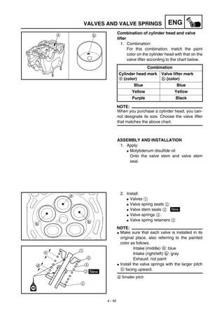 4 - 40
ENGVALVES AND VALVE SPRINGS
Combination of cylinder head and valve
lifter
1. Combination:
For this combination, match the paint
color on the cylinder head with that on the
valve lifter according to the chart below.
NOTE:
When you purchase a cylinder head, you can-
not designate its size. Choose the valve lifter
that matches the above chart.
Combination
Cylinder head mark
a (color)
Valve lifter mark
b (color)
Blue Blue
Yellow Yellow
Purple Black
a b
ASSEMBLY AND INSTALLATION
1. Apply:
G Molybdenum disulfide oil
Onto the valve stem and valve stem
seal.
2. Install:
G Valves 1
G Valve spring seats 2
G Valve stem seals 3
G Valve springs 4
G Valve spring retainers 5
NOTE:
G Make sure that each valve is installed in its
original place, also referring to the painted
color as follows.
Intake (middle) a: blue
Intake (right/left) b: gray
Exhaust: not paint
G Install the valve springs with the larger pitch
c facing upward.
d Smaller pitch
New
 