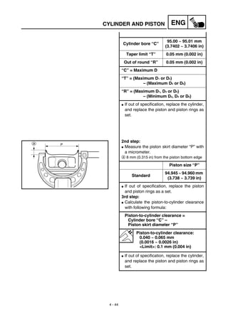 4 - 44
ENGCYLINDER AND PISTON
Cylinder bore “C”
95.00 ~ 95.01 mm
(3.7402 ~ 3.7406 in)
Taper limit “T” 0.05 mm (0.002 in)
Out of round “R” 0.05 mm (0.002 in)
“C” = Maximum D
“T” = (Maximum D1 or D2)
– (Maximum D5 or D6)
“R” = (Maximum D1, D3 or D5)
– (Minimum D2, D4 or D6)
G If out of specification, replace the cylinder,
and replace the piston and piston rings as
set.
2nd step:
G Measure the piston skirt diameter “P” with
a micrometer.
a 8 mm (0.315 in) from the piston bottom edge
Piston size “P”
Standard
94.945 ~ 94.960 mm
(3.738 ~ 3.739 in)
G If out of specification, replace the piston
and piston rings as a set.
3rd step:
G Calculate the piston-to-cylinder clearance
with following formula:
Piston-to-cylinder clearance =
Cylinder bore “C” –
Piston skirt diameter “P”
Piston-to-cylinder clearance:
0.040 ~ 0.065 mm
(0.0016 ~ 0.0026 in)
<Limit>: 0.1 mm (0.004 in)
G If out of specification, replace the cylinder,
and replace the piston and piston rings as
set.
 