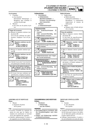 ENG
4 - 46
CYLINDRE ET PISTON
ZYLINDER UND KOLBEN
CILINDRO Y PISTÓN
Kolbenbolzen
1. Kontrollieren:
G Kolbenbolzen
Blaufärbung/Riefen →
Erneuern und Schmiersy-
stem überprüfen.
2. Messen:
G Kolbenbolzenspiel
ZUSAMMENBAU UND MONTAGE
Kolben
1. Montieren:
G Kolbenringe
(auf den Kolben)
HINWEIS:
G Die Kolbenringe so montieren, daß
die Herstellerangaben nach oben
weisen.
G Kolben und Kolbenringe reichlich
mit Motoröl schmieren.
Arbeitsschritte
G Den Außendurchmesser a
messen.
Falls unvorschriftsmäßig, den
Kolbenbolzen erneuern.
Kolbenbolzen-Durch-
messer
17,991–18,000 mm
G Kolbenbolzenaugen-Durchmes-
ser b messen.
Innendurchmesser
(Kolben)
18,004–18,015 mm
G Kolbenbolzenspiel nach folgen-
der Formel berechnen.
Kolbenbolzenspiel =
Innendurchmesser (Kolben)
b – Kolbenbolzen-Durch-
messer a
G Falls unvorschriftsmäßig, den
Kolben erneuern.
Kolbenbolzenspiel
0,004–0,024 mm
<Grenzwert> 0,07 mm
Axe de piston
1. Contrôler:
G Axe de piston
Décoloration bleue/gorges →
Remplacer puis examiner le
système de graissage.
2. Mesurer:
G Jeu entre axe de piston et pis-
ton
ASSEMBLAGE ET MONTAGE
Piston
1. Monter:
G Segments de piston
Sur le piston.
N.B.:
G S’assurer d’installer les segments de
piston de sorte que les repères ou
numéros du constructeur se trouvent
sur le côté supérieur des segments.
G Lubrifier généreusement le piston et
les segments avec de l’huile moteur.
Etapes de la mesure:
G Mesurer le diamètre extérieur (axe
de piston) a.
S’il n’est pas conforme aux spéci-
fications, remplacer l’axe de pis-
ton.
Diamètre extérieur (axe de
piston):
17,991 à 18,000 mm
(0,7083 à 0,7087 in)
G Mesurer le diamètre intérieur (pis-
ton) b.
Diamètre intérieur (axe de
piston):
18,004 à 18,015 mm
(0,7088 à 0,7093 in)
G Calculer le jeu entre l’axe de piston
et le piston par la formule suivante.
Jeu entre axe de piston et piston =
Taille d’alésage (axe de piston)
b – Diamètre extérieur (axe de
piston) a
G Si le jeu n’est pas conforme aux
spécifications, remplacer le piston.
Jeu entre axe de piston et
piston:
0,004 à 0,024 mm
(0,00016 à 0,00094 in)
<Limite>:
0,07 mm (0,003 in)
Bulón del pistón
1. Inspeccionar:
G Bulón del pistón
Coloración azul/ranuras →
Reemplazar. A continuación,
inspeccionar el sistema de
lubricación.
2. Medir:
G Holgura entre el bulón del pis-
tón y el pistón
MONTAJE E INSTALACIÓN
Pistón
1. Instalar:
G Aros del pistón
En el pistón.
NOTA:
G Asegúrese de instalar los aros del pis-
tón de forma que la marca o los núme-
ros de fabricante queden colocados en
la parte superior del aro.
G Lubrique generosamente el pistón y
los aros del pistón con aceite de motor.
Pasos de medición:
G Mida el diámetro exterior (bulón
del pistón) a.
Si está fuera de especificaciones,
reemplazar el bulón del pistón.
Diámetro exterior (bulón
del pistón):
17,991 ~ 18,000 mm
(0,7083 ~ 0,7087 in)
G Mida el diámetro interior (pistón)
b.
Diámetro interior (pistón):
18,004 ~ 18,015 mm
(0,7088 ~ 0,7093 in)
G Calcule la holgura entre el bulón
del pistón y el pistón mediante la
siguiente fórmula.
Holgura entre el bulón del pistón y
el pistón =
Diámetro interior (pistón) b –
Diámetro exterior (bulón del
pistón) a
G Si está fuera de especificaciones,
reemplazar el pistón.
Holgura entre el bulón del
pistón y el pistón:
0,004 ~ 0,024 mm
(0,00016 ~ 0,00094 in)
<Límite>:
0,07 mm (0,003 in)
 