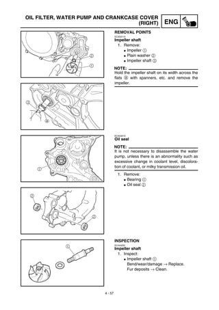 4 - 57
ENG
OIL FILTER, WATER PUMP AND CRANKCASE COVER
(RIGHT)
REMOVAL POINTS
EC4G3110
Impeller shaft
1. Remove:
G Impeller 1
G Plain washer 2
G Impeller shaft 3
NOTE:
Hold the impeller shaft on its width across the
flats a with spanners, etc. and remove the
impeller.
EC4G3210
Oil seal
NOTE:
It is not necessary to disassemble the water
pump, unless there is an abnormality such as
excessive change in coolant level, discolora-
tion of coolant, or milky transmission oil.
1. Remove:
G Bearing 1
G Oil seal 2
INSPECTION
EC444200
Impeller shaft
1. Inspect:
G Impeller shaft 1
Bend/wear/damage → Replace.
Fur deposits → Clean.
 