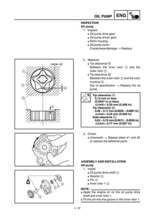 4 - 67
ENGOIL PUMP
INSPECTION
Oil pump
1. Inspect:
G Oil pump drive gear
G Oil pump driven gear
G Rotor housing
G Oil pump cover
Cracks/wear/damage → Replace.
2. Measure:
G Tip clearance a
Between the inner rotor 1 and the
outer rotor 2.
G Tip clearance b
Between the outer rotor 2 and the rotor
housing 3.
Out of specification → Replace the oil
pump.
Tip clearance a:
0.12 mm or less
(0.0047 in or less)
<Limit>: 0.20 mm (0.008 in)
Tip clearance b:
0.09 ~ 0.17 mm (0.0035 ~ 0.0067 in)
<Limit>: 0.24 mm (0.009 in)
Side clearance c:
0.03 ~ 0.10 mm (0.0012 ~ 0.0039 in)
<Limit>: 0.17 mm (0.007 in)
3. Check:
G Unsmooth → Repeat steps #1 and #2
or replace the defective parts.
ASSEMBLY AND INSTALLATION
Oil pump
1. Install:
G Oil pump drive shaft 1
G Washer 2
G Pin 3
G Inner rotor 1 4
NOTE:
G Apply the engine oil on the oil pump drive
shaft and inner rotor 1.
G Fit the pin into the groove in the inner rotor 1.
 