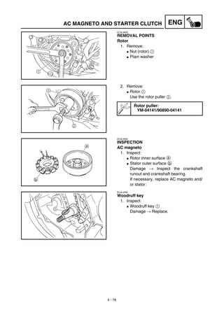 4 - 78
ENGAC MAGNETO AND STARTER CLUTCH
EC4L3000
REMOVAL POINTS
Rotor
1. Remove:
G Nut (rotor) 1
G Plain washer
2. Remove:
G Rotor 1
Use the rotor puller 2.
Rotor puller:
YM-04141/90890-04141
EC4L4000
INSPECTION
AC magneto
1. Inspect:
G Rotor inner surface a
G Stator outer surface b
Damage → Inspect the crankshaft
runout and crankshaft bearing.
If necessary, replace AC magneto and/
or stator.
EC4L4200
Woodruff key
1. Inspect:
G Woodruff key 1
Damage → Replace.
 