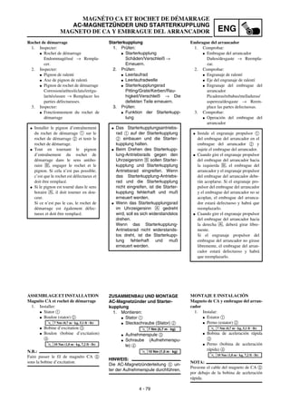 ENG
4 - 79
MAGNÉTO CA ET ROCHET DE DÉMARRAGE
AC-MAGNETZÜNDER UND STARTERKUPPLUNG
MAGNETO DE CA Y EMBRAGUE DEL ARRANCADOR
Starterkupplung
1. Prüfen:
G Starterkupplung
Schäden/Verschleiß →
Erneuern.
2. Prüfen:
G Leerlaufrad
G Leerlaufradwelle
G Starterkupplungsrad
Pitting/Grate/Kerben/Rau-
higkeit/Verschleiß → Die
defekten Teile erneuern.
3. Prüfen:
G Funktion der Starterkupp-
lung
ZUSAMMENBAU UND MONTAGE
AC-Magnetzünder und Starter-
kupplung
1. Montieren:
G Stator 1
G Steckschraube (Stator) 2
G Aufnehmerspule 3
G Schraube (Aufnehmerspu-
le) 4
HINWEIS:
Die AC-Magnetzünderleitung 5 un-
ter der Aufnehmerspule durchführen.
G Das Starterkupplungsantriebs-
rad 1 auf der Starterkupplung
2 einbauen und die Starter-
kupplung halten.
G Beim Drehen des Starterkupp-
lung-Antriebsrads gegen den
Uhrzeigersinn ı sollen Starter-
kupplung und Starterkupplung
Antriebsrad eingreifen. Wenn
das Starterkupplung-Antriebs-
rad und die Starterkupplung
nicht eingreifen, ist die Starter-
kupplung fehlerhaft und muß
erneuert werden.
G Wenn das Starterkupplungsrad
im Uhrzeigersinn Å gedreht
wird, soll es sich widerstandslos
drehen.
Wenn das Starterkupplung-
Antriebsrad nicht widerstands-
los dreht, ist die Starterkupp-
lung fehlerhaft und muß
erneuert werden.
T
R
.
.
7 Nm (0,7 m · kg)
T
R
.
.
10 Nm (1,0 m · kg)
Rochet de démarrage
1. Inspecter:
G Rochet de démarrage
Endommagé/usé → Rempla-
cer.
2. Inspecter:
G Pignon de ralenti
G Axe de pignon de ralenti
G Pignon de rochet de démarrage
Corrosion/arêtes/éclats/irrégu-
larités/usure → Remplacer les
parties défectueuses.
3. Inspecter:
G Fonctionnement du rochet de
démarrage
ASSEMBLAGE ET INSTALLATION
Magnéto CA et rochet de démarrage
1. Installer:
G Stator 1
G Boulon (stator) 2
G Bobine d’excitation 3
G Boulon (bobine d’excitation)
4
N.B.:
Faire passer le fil de magnéto CA 5
sous la bobine d’excitation.
G Installer le pignon d’entraînement
du rochet de démarrage 1 sur le
rochet de démarrage 2 et tenir le
rochet de démarrage.
G Tout en tournant le pignon
d’entraînement du rochet de
démarrage dans le sens antiho-
raire ı, engager le rochet et le
pignon. Si cela n’est pas possible,
c’est que le rochet est défectueux et
doit être remplacé.
G Si le pignon est tourné dans le sens
horaire Å, il doit tourner en dou-
ceur.
Si ce n’est pas le cas, le rochet de
démarrage est également défec-
tueux et doit être remplacé.
T
R
.
.
7 Nm (0,7 m · kg, 5,1 ft · lb)
T
R
.
.
10 Nm (1,0 m · kg, 7,2 ft · lb)
Embrague del arrancador
1. Comprobar:
G Embrague del arrancador
Daños/desgaste → Reempla-
zar.
2. Comprobar:
G Engranaje de ralentí
G Eje del engranaje de ralentí
G Engranaje del embrague del
arrancador
Picadoras/rebabas/melladuras/
aspereza/desgaste → Reem-
place las partes defectuosas.
3. Comprobar:
G Operación del embrague del
arrancador
MONTAJE E INSTALACIÓN
Magneto de CA y embrague del arran-
cador
1. Instalar:
G Estator 1
G Perno (estator) 2
G Bobina de aceleración rápida
3
G Perno (bobina de aceleración
rápida) 4
NOTA:
Presione el cable del magneto de CA 5
por debajo de la bobina de aceleración
rápida.
G Instale el engranaje propulsor 1
del embrague del arrancador en el
embrague del arrancador 2 y
sujete el embrague del arrancador.
G Cuando gire el engranaje propulsor
del embrague del arrancador hacia
la izquierda ı, el embrague del
arrancador y el engranaje propulsor
del embrague del arrancador debe-
rán acoplarse. Si el engranaje pro-
pulsor del embrague del arrancador
y el embrague del arrancador no se
acoplan, el embrague del arranca-
dor estará defectuoso y habrá que
reemplazarlo.
G Cuando gire el engranaje propulsor
del embrague del arrancador hacia
la derecha Å, deberá girar libre-
mente.
Si el engranaje propulsor del
embrague del arrancador no girase
libremente, el embrague del arran-
cador estará defectuoso y habrá
que reemplazarlo.
T
R
.
.
7 Nm (0,7 m · kg, 5,1 ft · lb)
T
R
.
.
10 Nm (1,0 m · kg, 7,2 ft · lb)
 