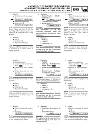 ENG
4 - 81
5. Montieren:
G Steckschraube (Starter-
kupplung) 1
G Unterlegscheibe (Rotor)
G Mutter (Rotor) 2
HINWEIS:
Die Rotormutter auf 65 Nm
(6,5 m·kg) festziehen, lösen und
dann erneut auf 65 Nm (6,5 m·kg)
festziehen.
6. Montieren:
G Welle 1
G Lager 2
G Leerlaufrad 2 3
HINWEIS:
Das Molybdändisulfidöl auf die Wel-
le, das Lager und den Innenumfang
des Leerlaufrads auftragen.
T
R
.
.
16 Nm (1,6 m · kg)
T
R
.
.
65 Nm (6,5 m · kg)
7. Montieren:
G Paßstift
G Dichtung [Kurbelgehäuse-
deckel (links)]
G Kurbelgehäusedeckel (links)
1
G Steckschraube [Kurbelge-
häusedeckel (links)]
HINWEIS:
Die Steckschrauben in Schritten in
einem Überkreuzmuster festziehen.
8. Montieren:
G Welle 1
G Lager 2
G Leerlaufrad 1 3
HINWEIS:
Das Molybdändisulfidöl auf die Wel-
le, das Lager und den Innenumfang
des Leerlaufrads auftragen.
New
T
R
.
.
10 Nm (1,0 m · kg)
9. Montieren:
G Abdeckung (Leerlaufrad 1)
1
G Steckschraube 2
HINWEIS:
Die Abdeckung (Leerlaufrad 1) mit
der Markierung a nach oben wei-
send montieren.
T
R
.
.
10 Nm (1,0 m · kg)
5. Installer:
G Boulon (rochet de démarrage)
1
G Rondelle bombée (rotor)
G Ecrou (rotor) 2
N.B.:
Serrer l’écrou du rotor à 65 Nm
(6,5 m·kg, 47 ft·lb), desserrer puis resser-
rer l’écrou du rotor à 65 Nm (6,5 m·kg,
47 ft·lb).
6. Installer:
G Axe 1
G Roulement 2
G Pignon de ralenti 2 3
N.B.:
Appliquer de l’huile de moteur sur l’axe,
le roulement et la surface interne du
pignon de ralenti.
T
R
.
.
16 Nm (1,6 m · kg, 11 ft · lb)
T
R
.
.
65 Nm (6,5 m · kg, 47 ft · lb)
7. Installer:
G Goupille élastique
G Joint [couvercle de carter (gau-
che)]
G Couvercle de carter (gauche)
1
G Boulon [couvercle de carter
(gauche)]
N.B.:
Serrer les boulons les uns après les autres
en croisé.
8. Installer :
G Axe 1
G Roulement 2
G Pignon de ralenti 1 3
N.B.:
Appliquer de l’huile de moteur sur l’axe,
le roulement et la surface interne du
pignon de ralenti.
New
T
R
.
.
10 Nm (1,0 m · kg, 7,2 ft · lb)
9. Installer:
G Couvercle (pignon de ralenti 1)
1
G Boulon 2
N.B.:
Installer le couvercle (pignon de ralenti
1) avec le repère a vers le haut.
T
R
.
.
10 Nm (1,0 m · kg, 7,2 ft · lb)
5. Instalar:
G Perno (embrague del arranca-
dor) 1
G Arandela plana (rotor)
G Tuerca (rotor) 2
NOTA:
Apriete la tuerca del rotor a 65 Nm
(6,5 m·kg, 47 ft·lb), afloje y vuelva a
apretar la tuerca del rotor a 65 Nm
(6,5 m·kg, 47 ft·lb).
6. Instalar:
G Eje 1
G Cojinete 2
G Engranaje de ralentí 2 3
NOTA:
Aplique el aceite de motor al eje, coji-
nete y circunferencia interior del engra-
naje de ralentí.
T
R
.
.
16 Nm (1,6 m · kg, 11 ft · lb)
T
R
.
.
65 Nm (6,5 m · kg, 47 ft · lb)
7. Instalar:
G Chaveta de media luna
G Junta [cubierta del cárter
(izquierdo)]
G Cubierta del cárter (izquierdo)
1
G Perno [cubierta del cárter
(izquierdo)]
NOTA:
Apriete los pernos de forma progresiva y
entrecruzada.
8. Instalar:
G Eje 1
G Cojinete 2
G Engranaje de ralentí 1 3
NOTA:
Aplique el aceite de motor al eje, coji-
nete y circunferencia interior del engra-
naje de ralentí.
New
T
R
.
.
10 Nm (1,0 m · kg, 7,2 ft · lb)
9. Instalar:
G Cubierta (engranaje de ralentí
1) 1
G Perno 2
NOTA:
Instale la cubierta (engranaje de ralentí
1) con su marca a mirando hacia arriba.
T
R
.
.
10 Nm (1,0 m · kg, 7,2 ft · lb)
MAGNÉTO CA ET ROCHET DE DÉMARRAGE
AC-MAGNETZÜNDER UND STARTERKUPPLUNG
MAGNETO DE CA Y EMBRAGUE DEL ARRANCADOR
 