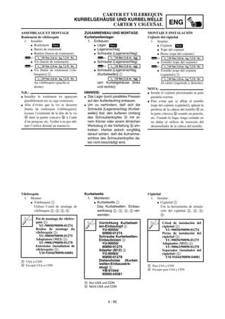 ENG
4 - 95
CARTER ET VILEBREQUIN
KURBELGEHÄUSE UND KURBELWELLE
CÁRTER Y CIGÜEÑAL
ZUSAMMENBAU UND MONTAGE
Kurbelwellenlager
1. Einbauen:
G Lager
G Lageranschlag
G Schraube (Lageranschlag)
G Schraube (Lageranschlag)
G Schraube [Lageranschlag
(Kurbelwelle)] 1
(am Kurbelgehäuse (links
und rechts))
HINWEIS:
G Das Lager durch paralleles Pressen
auf den Außenlaufring einbauen.
G Um zu verhindern, daß sich die
Schraube [Lageranschlag (Kurbel-
welle)] löst, den äußeren Umfang
des Schraubenkopfes a mit ei-
nem Körner oder einem ähnlichen
Werkzeug in die Vertiefung b ein-
treiben. Hierbei jedoch sorgfältig
darauf achten, daß die Aufnahme-
schlitze des Schraubenkopfes da-
bei nicht beschädigt wird.
New
T
R
.
.
10 Nm (1,0 m · kg)
T
R
.
.
10 Nm (1,0 m · kg)
T
R
.
.
10 Nm (1,0 m · kg)
Kurbelwelle
1. Montieren:
G Kurbelwelle 1
Das Kurbelwellen- Einbau-
werkzeug 2, 3, 4, 5 ver-
wenden.
Å Nur USA und CDN
ı Nicht USA und CDN
Vorrichtung Kurbelwel-
len-Einbautopf 2
YU-90050/
90890-01274
Schraube Kurbelwellen-
Einbaubolzen 3
YU-90050/
90890-01275
Adapter (M12) 4
YU-90063/
90890-01278
Distanzhülse (Kurbel-
wellen-Einbauwerk-
zeug) 5
YM-91044/
90890-04081
ASSEMBLAGE ET MONTAGE
Roulement de vilebrequin
1. Installer:
G Roulement
G Butoir de roulement
G Boulon (butoir de roulement)
G Vis (butoir de roulement)
G Vis [butée de roulement (vile-
brequin)] 1
Au vilebrequin (gauche et
droite).
N.B.:
G Installer le roulement en appuyant
parallèlement sur sa cage extérieure.
G Afin d’éviter que la vis se desserre
[butée de roulement (vilebrequin)],
écraser l’extrémité de la tête de la vis
a dans la partie concave b à l’aide
d’un poinçon, etc. Veiller à ne pas abî-
mer l’orifice destiné au tournevis.
New
T
R
.
.
10 Nm (1,0 m · kg, 7,2 ft · lb)
T
R
.
.
10 Nm (1,0 m · kg, 7,2 ft · lb)
T
R
.
.
10 Nm (1,0 m · kg, 7,2 ft · lb)
Vilebrequin
1. Monter:
G Vilebrequin 1
Utiliser l’outil de montage de
vilebrequin 2, 3, 4, 5.
Å USA et CDN
ı Excepté USA et CDN
Pot de montage du vilebre-
quin 2:
YU-90050/90890-01274
Boulon de montage du
vilebrequin 3:
YU-90050/90890-01275
Adaptateur (M12) 4:
YU-90063/90890-01278
Entretoise (installation de
vilebrequin) 5:
YM-91044/90890-04081
MONTAJE E INSTALACIÓN
Cojinete del cigüeñal
1. Instalar:
G Cojinete
G Tope del cojinete
G Perno (tope del cojinete)
G Tornillo (tope del cojinete)
G Tornillo [tope del cojinete
(cigüeñal)] 1
Al cárter (izquierdo y derecho).
NOTA:
G Instale el cojinete presionando su guía
paralela externa.
G Para evitar que se afloje el tornillo
[tope del cojinete (cigüeñal)], aplaste la
periferia de la cabeza del tornillo a en
la parte cóncava b usando un punzón,
etc. Cuando lo haga, tenga cuidado en
no dañar el orificio de inserción del
destornillador de la cabeza del tornillo.
New
T
R
.
.
10 Nm (1,0 m · kg, 7,2 ft · lb)
T
R
.
.
10 Nm (1,0 m · kg, 7,2 ft · lb)
T
R
.
.
10 Nm (1,0 m · kg, 7,2 ft · lb)
Cigüeñal
1. Instalar:
G Cigüeñal 1
Use la herramienta de instala-
ción del cigüeñal 2, 3, 4,
5.
Å Para USA y CDN
ı Excepto para USA y CDN
Crisol de instalación del
cigüeñal 2:
YU-90050/90890-01274
Perno de instalación del
cigüeñal 3:
YU-90050/90890-01275
Adaptador (M12) 4:
YU-90063/90890-01278
Separador (instalador del
cigüeñal) 5:
YM-91044/90890-04081
 
