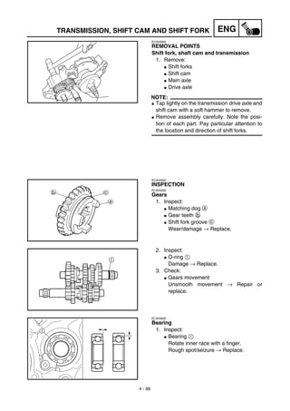 4 - 99
ENGTRANSMISSION, SHIFT CAM AND SHIFT FORK
EC4H3000
REMOVAL POINTS
Shift fork, shaft cam and transmission
1. Remove:
G Shift forks
G Shift cam
G Main axle
G Drive axle
NOTE:
G Tap lightly on the transmission drive axle and
shift cam with a soft hammer to remove.
G Remove assembly carefully. Note the posi-
tion of each part. Pay particular attention to
the location and direction of shift forks.
EC4H4000
INSPECTION
EC4H4200
Gears
1. Inspect:
G Matching dog a
G Gear teeth b
G Shift fork groove c
Wear/damage → Replace.
2. Inspect:
G O-ring 1
Damage → Replace.
3. Check:
G Gears movement
Unsmooth movement → Repair or
replace.
EC4H4600
Bearing
1. Inspect:
G Bearing 1
Rotate inner race with a finger.
Rough spot/seizure → Replace.
 