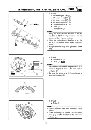 4 - 101
ENGTRANSMISSION, SHIFT CAM AND SHIFT FORK
2. Install:
G 2nd wheel gear (26T) 1
G 4th wheel gear (21T) 2
G 3rd wheel gear (21T) 3
G 5th wheel gear (21T) 4
G 1st wheel gear (29T) 5
G O-ring 6
To drive axle 7.
NOTE:
G Apply the molybdenum disulfide oil on the
1st, 2nd and 3rd wheel gears inner circum-
ference and on the end surface.
G Apply the molybdenum disulfide oil on the
4th and 5th wheel gears inner circumfer-
ence.
G Apply the lithium soap base grease on the O-
ring.
3. Install:
G Plain washer 1
G Circlip 2
NOTE:
G Be sure the circlip sharp-edged corner a is
positioned opposite side to the plain washer
and gear b.
G Be sure the circlip end c is positioned at
axle spline groove d.
New
4. Install:
G Collar 1
NOTE:
G Apply the lithium soap base grease on the oil
seal lip.
G When installing the spacer into the crank-
case, pay careful attention to the crankcase
oil seal lip.
 