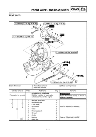 5 - 2
CHAS
EC598100
REAR WHEEL
Extent of removal: 1 Rear wheel removal 2 Wheel bearing removal
3 Brake disc removal
Extent of removal Order Part name Q’ty Remarks
Preparation for removal
REAR WHEEL REMOVAL
Hold the machine by placing the
suitable stand under the engine.
WARNING
Support the machine securely so there is no
danger of it falling over.
1 Nut (rear wheel axle) 1
2 Rear wheel axle 1
3 Chain puller 2
4 Rear wheel 1 Refer to “REMOVAL POINTS”.
5 Collar 2
6 Driven sprocket 1
7 Oil seal 2
8 Circlip 1
9 Bearing 2 Refer to “REMOVAL POINTS”.
10 Brake disc 1
2
31
3
FRONT WHEEL AND REAR WHEEL
 
