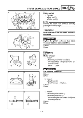 5 - 16
CHASFRONT BRAKE AND REAR BRAKE
EC533402
Piston seal kit
1. Remove:
G Dust seal 1
G Piston seal 2
NOTE:
Remove the piston seals and dust seals by
pushing them with a finger.
ACHTUNG:CAUTION:
Never attempt to pry out piston seals and
dust seals.
WARNING
Replace the piston seals and dust seals
whenever a caliper is disassembled.
Å Front
ı Rear
Å
ı
EC5A4000
INSPECTION
EC534112
Master cylinder
1. Inspect:
G Master cylinder inner surface a
Wear/scratches → Replace master cyl-
inder assembly.
Stains → Clean.
WARNING
Use only new brake fluid.
Å Front
ı Rear
2. Inspect:
G Diaphragm 1
Crack/damage → Replace.
Å Front
ı Rear
ıÅ
ıÅ
3. Inspect:
G Master cylinder piston 1
G Master cylinder cup 2
Wear/damage/score marks → Replace
master cylinder kit.
Å Front
ı Rear
Å ı
 