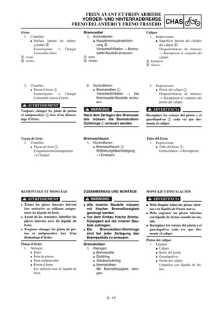 5 - 17
CHAS
Bremssattel
1. Kontrollieren:
G Hauptbremszylinderboh-
rung a
Verschleiß/Riefen → Brems-
sattel-Bauteile erneuern.
Å Vorn
ı Hinten
2. Kontrollieren:
G Bremskolben 1
Verschleiß/Riefen → Die
Bremssattel-Bauteile erneu-
ern.
WARNUNG
Nach dem Zerlegen des Bremssat-
tels müssen die Bremskolben-
Dichtringe 2 erneuert werden.
Bremsschlauch
1. Kontrollieren:
G Bremsschlauch 1
Rißbildung/Beschädigung
→ Erneuern.
ZUSAMMENBAU UND MONTAGE
WARNUNG
G Alle inneren Bauteile müssen
mit frischer Bremsflüssigkeit
gereinigt werden.
G Vor dem Einbau frische Brems-
flüssigkeit auf die inneren Bau-
teile auftragen.
G Die Bremskolben-Dichtringe
sind bei jeder Zerlegung des
Bremssattels zu erneuern.
Bremskolben
1. Reinigen:
G Bremssattel
G Dichtring
G Staubschutzring
G Bremskolben
Mit Bremsflüssigkeit reini-
gen.
FREIN AVANT ET FREIN ARRIERE
VORDER- UND HINTERRADBREMSE
FRENO DELANTERO Y FRENO TRASERO
Etrier
1. Contrôler:
G Surface interne du maître-
cylindre a
Usure/rayures → Changer
l’ensemble étrier.
Å Avant
ı Arrière
2. Contrôler:
G Piston d’étrier 1
Usure/rayures → Changer
l’ensemble piston d’étrier.
AVERTISSEMENT
Toujours changer les joints de piston
et antipoussière 2 lors d’un démon-
tage d’étrier.
Tuyau de frein
1. Contrôler:
G Tuyau de frein 1
Craquelure/endommagement
→ Changer.
REMONTAGE ET MONTAGE
AVERTISSEMENT
G Toutes les pièces internes doivent
être nettoyées en utilisant unique-
ment du liquide de frein.
G Avant de les remonter, lubrifier les
pièces internes avec du liquide de
frein.
G Toujours changer les joints de pis-
ton et antipoussière lors d’un
démontage d’étrier.
Piston d’étrier
1. Nettoyer:
G Etrier
G Joint de piston
G Joint antipoussière
G Piston d’étrier
Les nettoyer avec le liquide de
frein.
Caliper
1. Inspeccionar:
G Superficie interna del cilindro
del caliper a
Desgaste/marcas de muescas
→ Reemplazar el conjunto del
caliper.
Å Delantero
ı Trasero
2. Inspeccionar:
G Pistón del caliper 1
Desgaste/marcas de muescas
→ Reemplazar el conjunto del
pistón del caliper.
ADVERTENCIA
Reemplace los retenes del pistón y el
guardapolvos 2 cada vez que des-
monte el caliper.
Tubo del freno
1. Inspeccionar:
G Tubo del freno 1
Grietas/daños → Reemplazar.
MONTAJE E INSTALACIÓN
ADVERTENCIA
G Debe limpiar todas las piezas inter-
nas con líquido de frenos nuevo.
G Debe engrasar las piezas internas
con líquido de frenos cuando las ins-
tale.
G Reemplace los retenes del pistón y el
guardapolvos cada vez que des-
monte el caliper.
Pistón del caliper
1. Limpiar:
G Caliper
G Retén del pistón
G Guardapolvos
G Pistón del caliper
Límpielos con líquido de fre-
nos.
 
