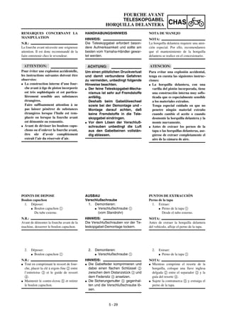 5 - 29
CHAS
FOURCHE AVANT
TELESKOPGABEL
HORQUILLA DELANTERA
HANDHABUNGSHINWEIS
HINWEIS:
Die Teleskopgabel erfordert beson-
dere Aufmerksamkeit und sollte am
besten vom Yamaha-Händler gewar-
tet werden.
ACHTUNG:
Um einen plötzlichen Druckverlust
und damit verbundene Gefahren
zu vermeiden, unbedingt folgende
Hinweise beachten.
G Der feine Teleskopgabel-Mecha-
nismus ist sehr auf Fremdstoffe
anfällig.
Deshalb beim Gabelölwechsel
sowie bei der Demontage und -
Montage darauf achten, daß
keine Fremdstoffe in die Tele-
skopgabel eindringen.
G Vor dem Lösen der Verschluß-
schrauben unbedingt die Luft
aus den Gabelbeinen vollstän-
dig ablassen.
AUSBAU
Verschlußschraube
1. Demontieren:
G Verschlußschraube 1
(vom Standrohr)
HINWEIS:
Die Verschlußschrauben vor der Te-
leskopgabel-Demontage lockern.
2. Demontieren:
G Verschlußschraube 1
HINWEIS:
G Die Gabelfeder komprimieren und
dabei einen flachen Schlüssel 2
zwischen dem Distanzstück 3 und
dem Federsitz 4 ansetzen.
G Die Sicherungsmutter 5 gegenhal-
ten und die Verschlußschraube lö-
sen.
REMARQUES CONCERNANT LA
MANIPULATION
N.B.:
La fourche avant nécessite une soigneuse
attention. Il est donc recommandé de la
faire entretenir chez le revendeur.
ATTENTION:
Pour éviter une explosion accidentelle,
les instructions suivantes doivent être
observées:
G La construction interne d’une four-
che avant à tige de piston incorporée
est très sophistiquée et est particu-
lièrement sensible aux substances
étrangères.
Faire suffisamment attention à ne
pas laisser pénétrer de substances
étrangères lorsque l’huile est rem-
placée ou lorsque la fourche avant
est démontée ou remontée.
G Avant de dévisser les boulons capu-
chons ou d’enlever la fourche avant,
être sûr d’avoir complètement
extrait l’air du réservoir d’air.
POINTS DE DEPOSE
Boulon capuchon
1. Déposer:
G Boulon capuchon 1
Du tube externe.
N.B.:
Avant de démonter la fourche avant de la
machine, desserrer le boulon capuchon.
2. Déposer:
G Boulon capuchon 1
N.B.:
G Tout en comprimant le ressort de four-
che, placer la clé à ergots fine 2 entre
l’entretoise 3 et le guide de ressort
4.
G Maintenir le contre-écrou 5 et retirer
le boulon capuchon.
NOTA DE MANEJO
NOTA:
La horquilla delantera requiere una aten-
ción especial. Por ello, recomendamos
que el mantenimiento de la horquilla
delantera se realice en el concesionario.
ATENCION:
Para evitar una explosión accidental,
tenga en cuenta las siguientes instruc-
ciones:
G La horquilla delantera, con una
varilla del pistón incorporada, tiene
una construcción interna muy sofis-
ticada que es especialmente sensible
a los materiales extraños.
Tenga especial cuidado en que no
penetre ningún material extraño
cuando cambie el aceite o cuando
desmonte la horquilla delantera y la
monte nuevamente.
G Antes de extraer los pernos de la
tapa o las horquillas delanteras, ase-
gúrese de extraer completamente el
aire de la cámara de aire.
PUNTOS DE EXTRACCIÓN
Perno de la tapa
1. Extraer:
G Perno de la tapa 1
Desde el tubo externo.
NOTA:
Antes de extraer la horquilla delantera
del vehículo, afloje el perno de la tapa.
2. Extraer:
G Perno de la tapa 1
NOTA:
G Mientras comprime el resorte de la
horquilla, coloque una llave inglesa
delgada 2 entre el separador 3 y la
guía del resorte 4.
G Sujete la contratuerca 5 y extraiga el
perno de la tapa.
 
