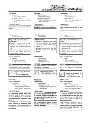 5 - 30
CHAS
Gleitrohr
1. Demontieren:
G Staubschutzring 1
G Sicherungsring 2
Einen Schlitzschraubendre-
her verwenden.
ACHTUNG:
Das Gleitrohr nicht beschädigen.
2. Demontieren:
G Gleitrohr 1
Arbeitsschritte
G Standrohr langsam in das Gleit-
rohr hineinschieben a und kurz
vor dem Anschlag rasch zurück-
ziehen b.
G Vorgang wiederholen, bis das
Standrohr sich vom Gleitrohr
trennt.
Dämpferrohr
1. Demontieren:
G Luftventil 1
G Dämpferrohr 2
HINWEIS:
Das Dämpferrohr mit dem Dämpfer-
rohr-Halter 3 festhalten.
PRÜFUNG
Dämpferrohr
1. Kontrollieren:
G Dämpferrohr 1
Verbiegung/Beschädigung
→ Erneuern.
ACHTUNG:
Die Kolbenstange und der gesam-
te interne Teleskopgabel-Mecha-
nismus sind sehr empfindlich ge-
gen Fremdkörper.
Beim Zerlegen und Zusammenbau
der Teleskopgabel darauf achten,
daß keinerlei Fremdkörper in das
Gabelöl gelangen.
Dämpferrohr-Halter
YM-1423/90890-01423
FOURCHE AVANT
TELESKOPGABEL
HORQUILLA DELANTERA
Tube interne
1. Déposer:
G Joint antipoussière 1
G Bague d’arrêt 2
En utilisant un tournevis à lame
droite.
ATTENTION:
Faire attention à ne pas rayer le tube
interne.
2. Déposer:
G Tube interne 1
Etapes de la dépose de la bague
d’étanchéité:
G Enfoncer lentement a le tube
interne jusqu’à ce qu’il soit presque
en butée puis le retirer rapidement
b.
G Répéter cette opération jusqu’à ce
que le tube interne puisse être
enlevé du tube externe.
Tige d’amortisseur
1. Déposer:
G Soupape de base 1
G Tige d’amortisseur 2
N.B.:
Utiliser la poignée de tige d’amortisseur
3 pour bloquer la tige d’amortisseur.
CONTROLE
Tige d’amortisseur
1. Contrôler:
G Tige d’amortisseur 1
Courbure/endommagement →
Changer la tige d’amortisseur.
ATTENTION:
La construction interne d’une four-
che avant à tige de piston incorporée
est très sophistiquée et est particuliè-
rement sensible aux substances étran-
gères.
Faire suffisamment attention à ne pas
laisser pénétrer de substances étran-
gères lorsque l’huile est remplacée ou
lorsque la fourche avant est démontée
ou remontée.
Poignée de tige d’amortis-
seur:
YM-1423/90890-01423
Tubo interno
1. Extraer:
G Guardapolvos 1
G Aro de tope 2
Con un destornillador de
cabeza ranurada.
ATENCION:
Tenga cuidado de no arañar el tubo
interno.
2. Extraer:
G Tubo interno 1
Pasos de extracción del retén de
aceite:
G Empuje hacia adentro lentamente el
tubo interno a justo antes de que
toque el fondo y después sáquelo
rápidamente b.
G Repita este paso hasta que el tubo
interno pueda extraerse del tubo
externo.
Barra amortiguadora
1. Extraer:
G Válvula base 1
G Barra amortiguadora 2
NOTA:
Utilice un soporte de la barra amortigua-
dora 3 para bloquear la barra amorti-
guadora.
INSPECCIÓN
Barra amortiguadora
1. Inspeccionar:
G Barra amortiguadora 1
Deformación/daños → Reem-
plazar la barra amortiguadora.
ATENCION:
La horquilla delantera, con una vari-
lla del pistón incorporada, tiene una
construcción interna muy sofisticada
que es especialmente sensible a los
materiales extraños.
Tenga especial cuidado en que no
penetre ningún material extraño
cuando cambie el aceite o cuando des-
monte la horquilla delantera y la
monte nuevamente.
Soporte de la barra del
amortiguador:
YM-1423/90890-01423
 