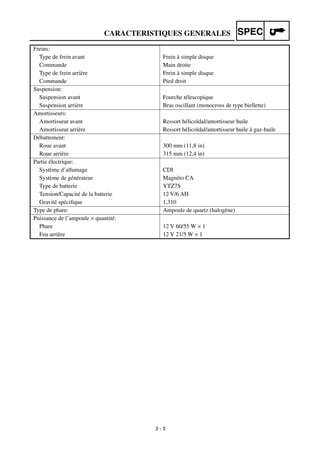 2 - 3
CARACTERISTIQUES GENERALES SPEC
Freins:
Type de frein avant Frein à simple disque
Commande Main droite
Type de frein arrière Frein à simple disque
Commande Pied droit
Suspension:
Suspension avant Fourche télescopique
Suspension arrière Bras oscillant (monocross de type biellette)
Amortisseurs:
Amortisseur avant Ressort hélicoïdal/amortisseur huile
Amortisseur arrière Ressort hélicoïdal/amortisseur huile à gaz-huile
Débattement:
Roue avant 300 mm (11,8 in)
Roue arrière 315 mm (12,4 in)
Partie électrique:
Système d’allumage CDI
Système de générateur Magnéto CA
Type de batterie YTZ7S
Tension/Capacité de la batterie 12 V/6 AH
Gravité spéciﬁque 1,310
Type de phare: Ampoule de quartz (halogène)
Puissance de l’ampoule × quantité:
Phare 12 V 60/55 W × 1
Feu arrière 12 V 21/5 W × 1
 