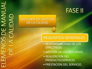 SISTEAMA DE GESTION
DE LA CALIDAD
REQUISITOS GENERALES
• RESPONSABILIDAD DE LOS
DIRECTIVOS.
• GESTION DE LOS RECURSOS.
• REALIZACION DEL
PRODUCTO/SERVICIO.
• PRESTACION DEL SERVICIO.
 
