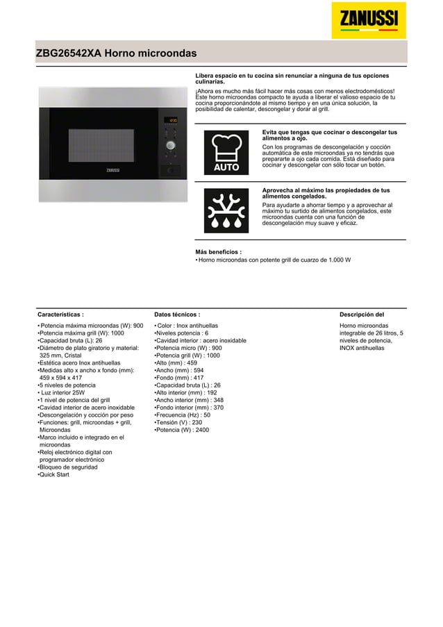 Manual zanussi horno microondas zbg26542xa PDF