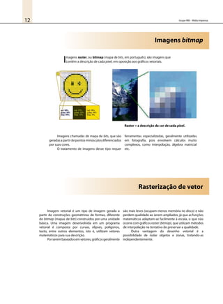 Grupo RBS - Mídia Impressa12
Imagens bitmap
Imagens raster, ou bitmap (mapa de bits, em português), são imagens que
contêm a descrição de cada pixel, em oposição aos gráficos vetoriais.
Raster = a descrição da cor de cada pixel.
Imagens chamadas de mapa de bits, que são
geradasapartirdepontosminúsculosdiferenciados
por suas cores.
O tratamento de imagens desse tipo requer
ferramentas especializadas, geralmente utilizadas
em fotografia, pois envolvem cálculos muito
complexos, como interpolação, álgebra matricial
etc.
Rasterização de vetor
Imagem vetorial é um tipo de imagem gerada a
partir de construções geométricas de formas, diferente
do bitmap (mapas de bits) construídos por uma unidade
básica. Uma imagem desenvolvida em um programa
vetorial é composta por curvas, elipses, polígonos,
texto, entre outros elementos, isto é, utilizam vetores
matemáticos para sua descrição.
Porserembaseadosemvetores,gráficosgeralmente
são mais leves (ocupam menos memória no disco) e não
perdem qualidade ao serem ampliados, já que as funções
matemáticas adaptam-se facilmente à escala, o que não
ocorre com gráficos raster (bitmap), que utilizam métodos
de interpolação na tentativa de preservar a qualidade.
Outra vantagem do desenho vetorial é a
possibilidade de isolar objetos e zonas, tratando-as
independentemente.
 