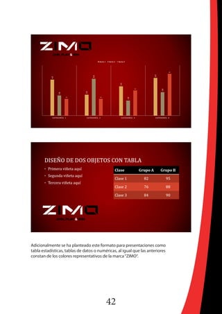 42
Adicionalmente se ha planteado este formato para presentaciones como
tabla estadísticas, tablas de datos o numéricas, al igual que las anteriores
constan de los colores representativos de la marca“ZIMO“.
 