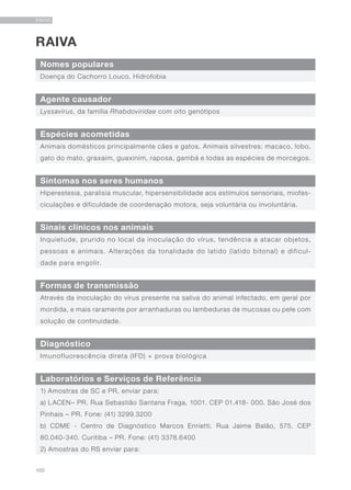 100
RAIVA
RAIVA
Nomes populares
Sinais clínicos nos animais
Agente causador
Formas de transmissão
Espécies acometidas
Diagnóstico
Sintomas nos seres humanos
Laboratórios e Serviços de Referência
Doença do Cachorro Louco, Hidrofobia
Inquietude, prurido no local da inoculação do vírus, tendência a atacar objetos,
pessoas e animais. Alterações da tonalidade do latido (latido bitonal) e dificul-
dade para engolir.
Lyssavirus, da família Rhabdoviridae com oito genótipos
Através da inoculação do vírus presente na saliva do animal infectado, em geral por
mordida, e mais raramente por arranhaduras ou lambeduras de mucosas ou pele com
solução de continuidade.
Animais domésticos principalmente cães e gatos. Animais silvestres: macaco, lobo,
gato do mato, graxaim, guaxinim, raposa, gambá e todas as espécies de morcegos.
Imunofluorescência direta (IFD) + prova biológica
Hiperestesia, paralisia muscular, hipersensibilidade aos estímulos sensoriais, miofas-
ciculações e dificuldade de coordenação motora, seja voluntária ou involuntária.
1) Amostras de SC e PR, enviar para:
a) LACEN– PR. Rua Sebastião Santana Fraga, 1001. CEP 01.418- 000. São José dos
Pinhais – PR. Fone: (41) 3299.3200
b) CDME - Centro de Diagnóstico Marcos Enrietti. Rua Jaime Balão, 575. CEP
80.040-340. Curitiba – PR. Fone: (41) 3378.6400
2) Amostras do RS enviar para:
 