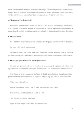 111
RAIVA
raiva, estudantes de Medicina Veterinária e Biologia, Técnicos Agrícolas e outros profis-
sionais afins. É indicado também para aqueles que atuam no campo capturando, vaci-
nando, identificando e classificando animais passíveis de portarem o vírus.
4.7 Esquema Pré-Exposição	
O esquema indicado é de 3 doses, nos dias 0-7 e 28. A via de administração é a intramus-
cular profunda, no músculo deltóide ou vasto lateral da coxa ou hochstetter (avaliar presença
de gordura). O controle sorológico deverá ser realizado 14 dias após a última dose da vacina.
4.8 Resultados
Se < 0,5 UI/mL (insatisfatório): aplicar uma dose de reforço e avaliar novamente 14 dias após;
Se = ou > 0,5 UI/mL (satisfatório).
Através do Posto de Saúde, realizar a coleta do sangue a fim de fazer o controle
sorológico anual. Se insatisfatório, aplicar uma dose de reforço e realizar nova titulação.
4.9 Reexposição: Esquema Pré-Exposicional
Quando um profissional que já recebeu o esquema pré-exposicional sofrer uma
agressão que necessite de vacinação, o caso deverá ser tratado como de reexposição.
O profissional deverá apresentar ao Posto de Saúde o resultado da titulação de anticor-
pos realizada no último ano antes da agressão. Abaixo segue a conduta para cada caso:
Título > ou = 0,5 UI / mL	
Aplicar 2 doses de vacina: 0 e 3º dia e não indicar o soro (SAR)
Sem titulação ou títulos abaixo de 0,5 UI / mL	
Até 90 dias: completar as doses 	
Após 90 dias: seguir o esquema pós-exposicional
 