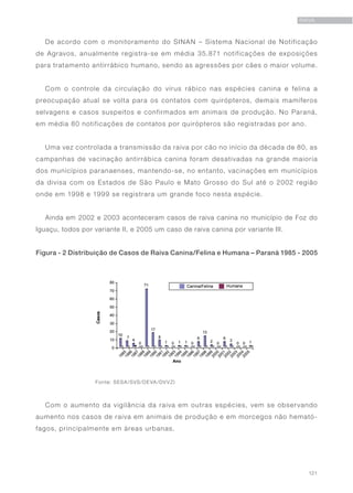 121
RAIVA
De acordo com o monitoramento do SINAN – Sistema Nacional de Notificação
de Agravos, anualmente registra-se em média 35.871 notificações de exposições
para tratamento antirrábico humano, sendo as agressões por cães o maior volume.
Com o controle da circulação do vírus rábico nas espécies canina e felina a
preocupação atual se volta para os contatos com quirópteros, demais mamíferos
selvagens e casos suspeitos e confirmados em animais de produção. No Paraná,
em média 80 notificações de contatos por quirópteros são registradas por ano.
Uma vez controlada a transmissão da raiva por cão no início da década de 80, as
campanhas de vacinação antirrábica canina foram desativadas na grande maioria
dos municípios paranaenses, mantendo-se, no entanto, vacinações em municípios
da divisa com os Estados de São Paulo e Mato Grosso do Sul até o 2002 região
onde em 1998 e 1999 se registrara um grande foco nesta espécie.
Ainda em 2002 e 2003 aconteceram casos de raiva canina no município de Foz do
Iguaçu, todos por variante II, e 2005 um caso de raiva canina por variante III.
		 Fonte: SESA/SVS/DEVA/DVVZI
Com o aumento da vigilância da raiva em outras espécies, vem se observando
aumento nos casos de raiva em animais de produção e em morcegos não hemató-
fagos, principalmente em áreas urbanas.
Figura - 2 Distribuição de Casos de Raiva Canina/Felina e Humana – Paraná 1985 - 2005
 