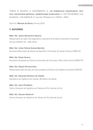 127
RAIVA
TORDO, N. BOURHY, H. SACRAMENTO. D. Les rhabdovírus classification, stru-
ture, mécanismes généraux, épidémiologie moleculaire. In: HATTEN BERBER, A.M.
BLANCOU, J.DE KINKELIN, P. Journée “Rhabdovírus” CNEVA – INRA.
Dias,R.F. Manual de Raiva (mimeo) 2003
7. AUTORES
Méd. Vet. Jaime Salvatierra Oporto
Responsável do Setor de Diagnóstico Laboratorial de Raiva-Laboratório Sanidade
Animal-CIDASC-SC- 1985-2009
Méd. Vet. Lílian Fátima Gomes Barreto
Secretaria Municipal de Saúde de Itajaí/SC e Comissão de Saúde Pública CRMV-SC
Méd. Vet. Paulo Guerra
Secretaria de Saúde do Paraná e Comissão de Zoonoses e Bem-Estar Animal CRMV-PR
Méd. Vet. Roseli Ferreira Dias
Responsável pela Divisão de Toxicovigilância-Diretoria de Vigilância Sanitária/SES/SC
Méd. Vet. Eduardo Pacheco de Caldas
Secretaria de Vigilância em Saúde, Ministério da Saúde
Méd. Vet. Jairo Predebon
Centro Estadual de Vigilância em Saúde do Rio Grande do Sul
Méd. Vet. Giovani Diedrich
Centro Estadual de Vigilância em Saúde do Rio Grande do Sul
 