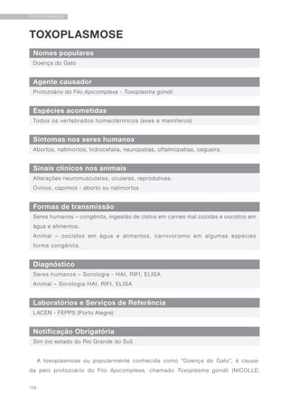 128
TOXOPLASMOSE
TOXOPLASMOSE
Nomes populares
Sinais clínicos nos animais
Agente causador
Formas de transmissão
Espécies acometidas
Diagnóstico
Sintomas nos seres humanos
Laboratórios e Serviços de Referência
Notificação Obrigatória
Doença do Gato
Alterações neuromusculares, oculares, reprodutivas.
Ovinos, caprinos - aborto ou natimortos
Protozoário do Filo Apicomplexa - Toxoplasma gondii
Seres humanos – congênita, ingestão de cistos em carnes mal cozidas e oocistos em
água e alimentos.
Animal – oocistos em água e alimentos, carnivorismo em algumas espécies
forma congênita.
Todos os vertebrados homeotérmicos (aves e mamíferos)
Seres humanos – Sorologia - HAI, RIFI, ELISA
Animal – Sorologia HAI, RIFI, ELISA
Abortos, natimortos, hidrocefalia, neuropatias, oftalmopatias, cegueira.
LACEN - FEPPS (Porto Alegre)
Sim (no estado do Rio Grande do Sul)
A toxoplasmose ou popularmente conhecida como “Doença do Gato”, é causa-
da pelo protozoário do Filo Apicomplexa, chamado Toxoplasma gondii (NICOLLE;
 