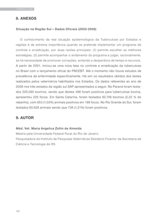 162
TUBERCULOSE
8. ANEXOS
Situação na Região Sul – Dados Oficiais (2003-2008)
O conhecimento da real situação epidemiológica da Tuberculose por Estados e
regiões é de extrema importância quando se pretende implementar um programa de
controle e erradicação, por duas razões principais: (1) permite escolher as melhores
estratégias; (2) permite acompanhar o andamento do programa e julgar, racionalmente,
se há necessidade de promover correções, evitando o desperdício de tempo e recursos.
A partir de 2001, iniciou-se uma nova fase no controle e erradicação da tuberculose
no Brasil com o lançamento oficial do PNCEBT. Até o momento não houve estudos de
prevalência da enfermidade especificamente. Há sim os resultados obtidos dos testes
realizados pelos veterinários habilitados nos Estados. Os dados referentes ao ano de
2008 nos três estados da região sul SAP apresentados a seguir. No Paraná foram testa-
dos 220.095 bovinos, sendo que destes 496 foram positivos para tuberculose bovina,
apresentou 225 focos. Em Santa Catarina, foram testados 82.746 bovinos (2,22 % do
rebanho), com 853 (1,03%) animais positivos em 196 focos. No Rio Grande do Sul, foram
testados 60.628 animais sendo que 738 (1,21%) foram positivos.
9. AUTOR
Méd. Vet. Maria Angelica Zollin de Almeida
Mestre pela Universidade Federal Rural do Rio de Janeiro
Pesquisadora do Instituto de Pesquisas Veterinárias Desiderio Finamor da Secretaria de
Ciência e Tecnologia do RS
 