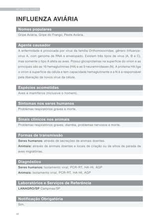 46
INFLUENZA AVIÁRIA
INFLUENZA AVIÁRIA
Nomes populares
Sinais clínicos nos animais
Agente causador
Formas de transmissão
Espécies acometidas
Diagnóstico
Sintomas nos seres humanos
Gripe Aviária, Gripe do Frango, Peste Aviária.
Problemas respiratórios graves, diarréia, problemas nervosos e morte.
A enfermidade é provocada por vírus da família Orthomixoviridae, gênero Influenza-
virus A, com genoma de RNA e envelopado. Existem três tipos de vírus (A, B e C),
mas somente o tipo A afeta as aves. Possui glicoproteínas na superfície do virion e as
principais são as 16 hemaglutininas (HA) e as 9 neuraminidases (N). A proteína HA liga
o virion à superfície da célula e tem capacidade hemaglutinante e a N é a responsável
pela liberação de novos vírus da célula.
Seres humanos: através de secreções de animais doentes.
Animais: através de animais doentes e locais de criação ou de sítios de parada de
aves migratórias.
Aves e mamíferos (inclusive o homem).
Seres humanos: Isolamento viral, PCR-RT, HA-HI, AGP
Animais: Isolamento viral, PCR-RT, HA-HI, AGP
Problemas respiratórios graves e morte.
Laboratórios e Serviços de Referência
LANAGRO/SP Campinas/SP
Notificação Obrigatória
Sim.
 