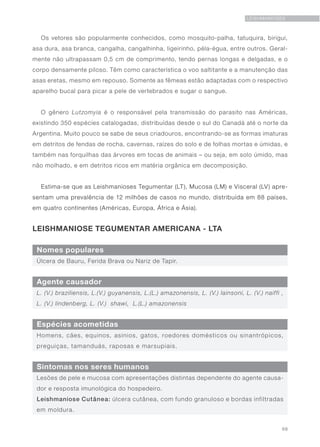 69
LEISHMANIOSES
Nomes populares
Agente causador
Espécies acometidas
Sintomas nos seres humanos
Úlcera de Bauru, Ferida Brava ou Nariz de Tapir.
L. (V.) braziliensis, L.(V.) guyanensis, L.(L.) amazonensis, L. (V.) lainsoni, L. (V.) naiffi ,
L. (V.) lindenberg, L. (V.) shawi, L.(L.) amazonensis
Homens, cães, equinos, asinios, gatos, roedores domésticos ou sinantrópicos,
preguiças, tamanduás, raposas e marsupiais.
Lesões de pele e mucosa com apresentações distintas dependente do agente causa-
dor e resposta imunológica do hospedeiro.
Leishmaniose Cutânea: úlcera cutânea, com fundo granuloso e bordas infiltradas
em moldura.
Os vetores são popularmente conhecidos, como mosquito-palha, tatuquira, birigui,
asa dura, asa branca, cangalha, cangalhinha, ligeirinho, péla-égua, entre outros. Geral-
mente não ultrapassam 0,5 cm de comprimento, tendo pernas longas e delgadas, e o
corpo densamente piloso. Têm como característica o voo saltitante e a manutenção das
asas eretas, mesmo em repouso. Somente as fêmeas estão adaptadas com o respectivo
aparelho bucal para picar a pele de vertebrados e sugar o sangue.
O gênero Lutzomyia é o responsável pela transmissão do parasito nas Américas,
existindo 350 espécies catalogadas, distribuídas desde o sul do Canadá até o norte da
Argentina. Muito pouco se sabe de seus criadouros, encontrando-se as formas imaturas
em detritos de fendas de rocha, cavernas, raízes do solo e de folhas mortas e úmidas, e
também nas forquilhas das árvores em tocas de animais – ou seja, em solo úmido, mas
não molhado, e em detritos ricos em matéria orgânica em decomposição.
Estima-se que as Leishmanioses Tegumentar (LT), Mucosa (LM) e Visceral (LV) apre-
sentam uma prevalência de 12 milhões de casos no mundo, distribuída em 88 países,
em quatro continentes (Américas, Europa, África e Ásia).
LEISHMANIOSE TEGUMENTAR AMERICANA - LTA
 
