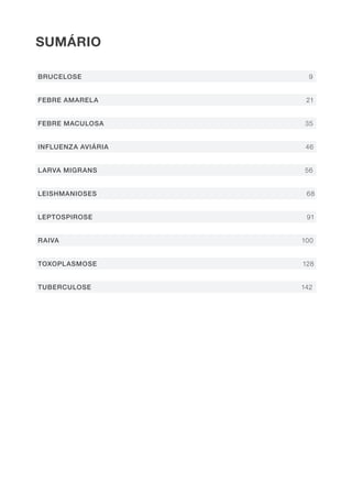 SUMÁRIO
BRUCELOSE 9
FEBRE AMARELA 21
FEBRE MACULOSA 35
INFLUENZA AVIÁRIA 46
LARVA MIGRANS 56
LEISHMANIOSES 68
LEPTOSPIROSE 91
RAIVA 100
TOXOPLASMOSE 128
TUBERCULOSE 142
 