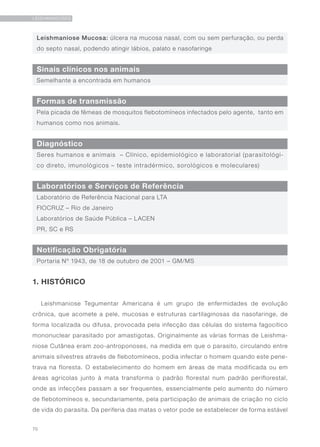 70
LEISHMANIOSES
Sinais clínicos nos animais
Formas de transmissão
Diagnóstico
Laboratórios e Serviços de Referência
Notificação Obrigatória
Semelhante a encontrada em humanos
Pela picada de fêmeas de mosquitos flebotomíneos infectados pelo agente, tanto em
humanos como nos animais.
Seres humanos e animais – Clínico, epidemiológico e laboratorial (parasitológi-
co direto, imunológicos – teste intradérmico, sorológicos e moleculares)
Laboratório de Referência Nacional para LTA
FIOCRUZ – Rio de Janeiro
Laboratórios de Saúde Pública – LACEN
PR, SC e RS
Portaria Nº 1943, de 18 de outubro de 2001 – GM/MS
1. HISTÓRICO
Leishmaniose Tegumentar Americana é um grupo de enfermidades de evolução
crônica, que acomete a pele, mucosas e estruturas cartilaginosas da nasofaringe, de
forma localizada ou difusa, provocada pela infecção das células do sistema fagocítico
mononuclear parasitado por amastigotas. Originalmente as várias formas de Leishma-
niose Cutânea eram zoo-antroponoses, na medida em que o parasito, circulando entre
animais silvestres através de flebotomíneos, podia infectar o homem quando este pene-
trava na floresta. O estabelecimento do homem em áreas de mata modificada ou em
áreas agrícolas junto à mata transforma o padrão florestal num padrão periflorestal,
onde as infecções passam a ser frequentes, essencialmente pelo aumento do número
de flebotomíneos e, secundariamente, pela participação de animais de criação no ciclo
de vida do parasita. Da periferia das matas o vetor pode se estabelecer de forma estável
Leishmaniose Mucosa: úlcera na mucosa nasal, com ou sem perfuração, ou perda
do septo nasal, podendo atingir lábios, palato e nasofaringe
 