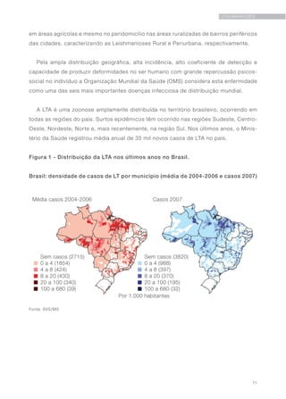 71
LEISHMANIOSES
em áreas agrícolas e mesmo no peridomicílio nas áreas ruralizadas de bairros periféricos
das cidades, caracterizando as Leishmanioses Rural e Periurbana, respectivamente.
Pela ampla distribuição geográfica, alta incidência, alto coeficiente de detecção e
capacidade de produzir deformidades no ser humano com grande repercussão psicos-
social no indivíduo a Organização Mundial da Saúde (OMS) considera esta enfermidade
como uma das seis mais importantes doenças infecciosa de distribuição mundial.
A LTA é uma zoonose amplamente distribuída no território brasileiro, ocorrendo em
todas as regiões do país. Surtos epidêmicos têm ocorrido nas regiões Sudeste, Centro-
Oeste, Nordeste, Norte e, mais recentemente, na região Sul. Nos últimos anos, o Minis-
tério da Saúde registrou média anual de 35 mil novos casos de LTA no país.
Figura 1 - Distribuição da LTA nos últimos anos no Brasil.
Brasil: densidade de casos de LT por município (média de 2004-2006 e casos 2007)
Fonte: SVS/MS
 