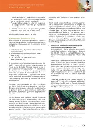 Manual para elaborar planes de Bionegocios
27
• Pagar un precio justo a los productores, que cubra
sus necesidades vitales, los costos de producción
y, a su vez, deje un margen para invertir.
• Pagar por adelantado parte del precio estipulado
(40 a 60 por ciento) para evitar que el productor
se endeude.
• Mantener relaciones de trabajo estables y realizar
contratos a largo plazo con los productores.
Fuente de Información: IFAT, EFTA 2003.
Organizaciones del Comercio Justo
A continuación se presenta una lista de las entidades
que organizan y articulan los diferentes organismos e
instituciones relacionados con el movimiento a nivel
mundial:
• Fairtrade Labelling Organizations International:
www.fairtrade.net/
• International Federation for Alternative Trade:
www.ifat.org
• The European Fair Trade Association
www.eftafairtrade.org
El mercado solidario25
- equitativo, justo, alternativo, “
fair
trade”
- comercializa productos provenientes de un
fondo social definido. Además, es una forma de
producción sostenible que cumple con determinadas
condiciones de comercialización (precio, prefinan-
ciamiento, reducción de intermediarios, etc.). Se
negocia sin y con sello26
. El objetivo de este merca-
do es la creación de relaciones equitativas entre los
consumidores y agricultores y artesanos con menos
ventajas en el.
Los productos comprendidos son sobre todo alimen-
tos «
típicos»
(café, té, cacao, azúcar, otros) y artesanía.
En su mayoría, son no perecibles. En los últimos años
la gama de oferta se está ampliando a alimentos
procesados, fruta fresca y artículos de producción
industrial.
De esta manera, en el comercio solidario prevalecen
las estructuras propias anteriormente descritas,
aunque también se utilizan cada vez más los concep-
tos de eficiencia del mercado convencional para poder
alcanzar un porcentaje creciente de consumidores. Se ha
logrado ofrecer especialmente productos competiti-
vos de calidad, exigiéndose las características
necesarias a los productores para luego ser distri-
buidos.
El sello creado para el «
Fair Trade»
permite que partici-
pen los importadores convencionales si aceptan las
reglas correspondientes; al mismo tiempo, ayuda a los
productos del comercio solidario a que ingresen a los
supermercados. Los países importadores más impor-
tantes son Alemania, Holanda, Gran Bretaña y Suiza,
que tiene la compra per cápita más alta en productos
del comercio solidario. El mercado en EE.UU., aun-
que es relativamente pequeño todavía en términos
absolutos, ha crecido aproximadamente un 75% entre
los años 2000 y 2001.
d. Mercado de los ingredientes naturales para
alimentos, cosméticos y medicinas
Se estima que la cifra de negocios del mercado
mundial de productos naturales será de unos
US$ 100,000 millones en el año 2010. Los medica-
mentos constituyen alrededor del 80% de esta
cifra.
Los recursos naturales se encuentran en todos los
países en desarrollo, pero no han sido estudiadas
las posibilidades comerciales de esta rica biodiver-
sidad. El Perú, por ejemplo, posee cerca del 20%
de las plantas medicinales del mundo, pero en
el año 2002 sus exportaciones de productos
medicinales naturales apenas alcanzaron los
US$ 5 millones, es decir, el 0.03% de las rentas
mundiales.27
El mercado europeo de medicina natural alcanza la
suma de US$ 5 mil millones. Como casi la mitad
del consumo mundial se da en Europa, se puede
inferir que la demanda mundial es alrededor de
US$ 10 mil millones de dólares.
25 «
Guía para iniciar el acceso al Mercado Ecológico y al Mercado Solidario»
– PROMER – FIDAMERICA, 2003.
26
La Asociación del Sello de Productos de Comercio Justo (ASPCJ) es el miembro español de Fairtrade Labelling Organizations International (FLO)
que reúne a 21 organizaciones de Comercio Justo certificado en Europa, Japón, América del Norte y Oceanía. El Sello de Comercio Justo (o Sello FAIRTRADE)
es el sinónimo de Fairtrade Mark en inglés.
27
Foro de Comercio Internacional - No. 2/2003.
EL PLAN DE BIONEGOCIOS
MANUAL PARA LA ELABORACIÓN DE PLANES DE BIONEGOCIOS
 