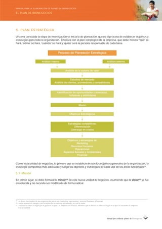 Manual para elaborar planes de Bionegocios
31
5. PLAN ESTRATÉGICO
Una vez concluida la etapa de investigación se inicia la de planeación, que es el proceso de establecer objetivos y
estrategias para toda la organización. Empieza con el plan estratégico de la empresa, que debe mostrar «
qué»
se
hará, «
cómo»
se hará, «
cuándo»
se hará y «
quién»
será la persona responsable de cada tarea.
Como toda unidad de negocios, lo primero que se establecerán son los objetivos generales de la organización, la
estrategia competitiva más adecuada y luego los objetivos y estrategias de cada una de las áreas funcionales39
.
5.1 Misión
En primer lugar, se debe formular la misión40
de esta nueva unidad de negocios, asumiendo que la visión41
ya fue
establecida y no necesita ser modificada de forma radical.
39
Las áreas funcionales de una organización típica son: marketing, operaciones, recursos humanos y finanzas.
40
En este manual se trabajará con la misión de la empresa únicamente, no con la visión.
41
La visión se refiere al lugar que le gustaría ocupar a la empresa en el futuro, mientras que la misión se refiere al lugar en el que se encuentra la empresa
en la actualidad.
EL PLAN DE BIONEGOCIOS
MANUAL PARA LA ELABORACIÓN DE PLANES DE BIONEGOCIOS
 