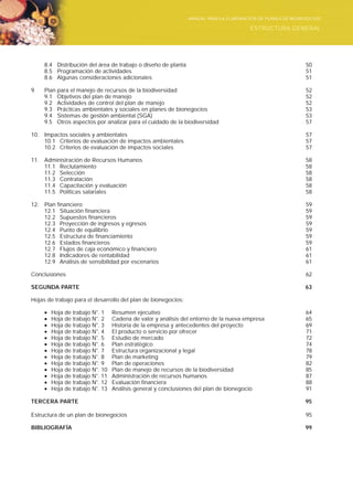 Manual para elaborar planes de Bionegocios
8.4 Distribución del área de trabajo o diseño de planta 50
8.5 Programación de actividades 51
8.6 Algunas consideraciones adicionales 51
9. Plan para el manejo de recursos de la biodiversidad 52
9.1 Objetivos del plan de manejo 52
9.2 Actividades de control del plan de manejo 52
9.3 Prácticas ambientales y sociales en planes de bionegocios 53
9.4 Sistemas de gestión ambiental (SGA) 53
9.5 Otros aspectos por analizar para el cuidado de la biodiversidad 57
10. Impactos sociales y ambientales 57
10.1 Criterios de evaluación de impactos ambientales 57
10.2 Criterios de evaluación de impactos sociales 57
11. Administración de Recursos Humanos 58
11.1 Reclutamiento 58
11.2 Selección 58
11.3 Contratación 58
11.4 Capacitación y evaluación 58
11.5 Políticas salariales 58
12. Plan financiero 59
12.1 Situación financiera 59
12.2 Supuestos financieros 59
12.3 Proyección de ingresos y egresos 59
12.4 Punto de equilibrio 59
12.5 Estructura de financiamiento 59
12.6 Estados financieros 59
12.7 Flujos de caja económico y financiero 61
12.8 Indicadores de rentabilidad 61
12.9 Análisis de sensibilidad por escenarios 61
Conclusiones 62
SEGUNDA PARTE 63
Hojas de trabajo para el desarrollo del plan de bionegocios:
• Hoja de trabajo N°. 1 Resumen ejecutivo 64
• Hoja de trabajo N°. 2 Cadena de valor y análisis del entorno de la nueva empresa 65
• Hoja de trabajo N°. 3 Historia de la empresa y antecedentes del proyecto 69
• Hoja de trabajo N°. 4 El producto o servicio por ofrecer 71
• Hoja de trabajo N°. 5 Estudio de mercado 72
• Hoja de trabajo N°. 6 Plan estratégico 74
• Hoja de trabajo N°. 7 Estructura organizacional y legal 78
• Hoja de trabajo N°. 8 Plan de marketing 79
• Hoja de trabajo N°. 9 Plan de operaciones 82
• Hoja de trabajo N°. 10 Plan de manejo de recursos de la biodiversidad 85
• Hoja de trabajo N°. 11 Administración de recursos humanos 87
• Hoja de trabajo N°. 12 Evaluación financiera 88
• Hoja de trabajo N°. 13 Análisis general y conclusiones del plan de bionegocio 91
TERCERA PARTE 95
Estructura de un plan de bionegocios 95
BIBLIOGRAFÍA 99
ESTRUCTURA GENERAL
MANUAL PARA LA ELABORACIÓN DE PLANES DE BIONEGOCIOS
 